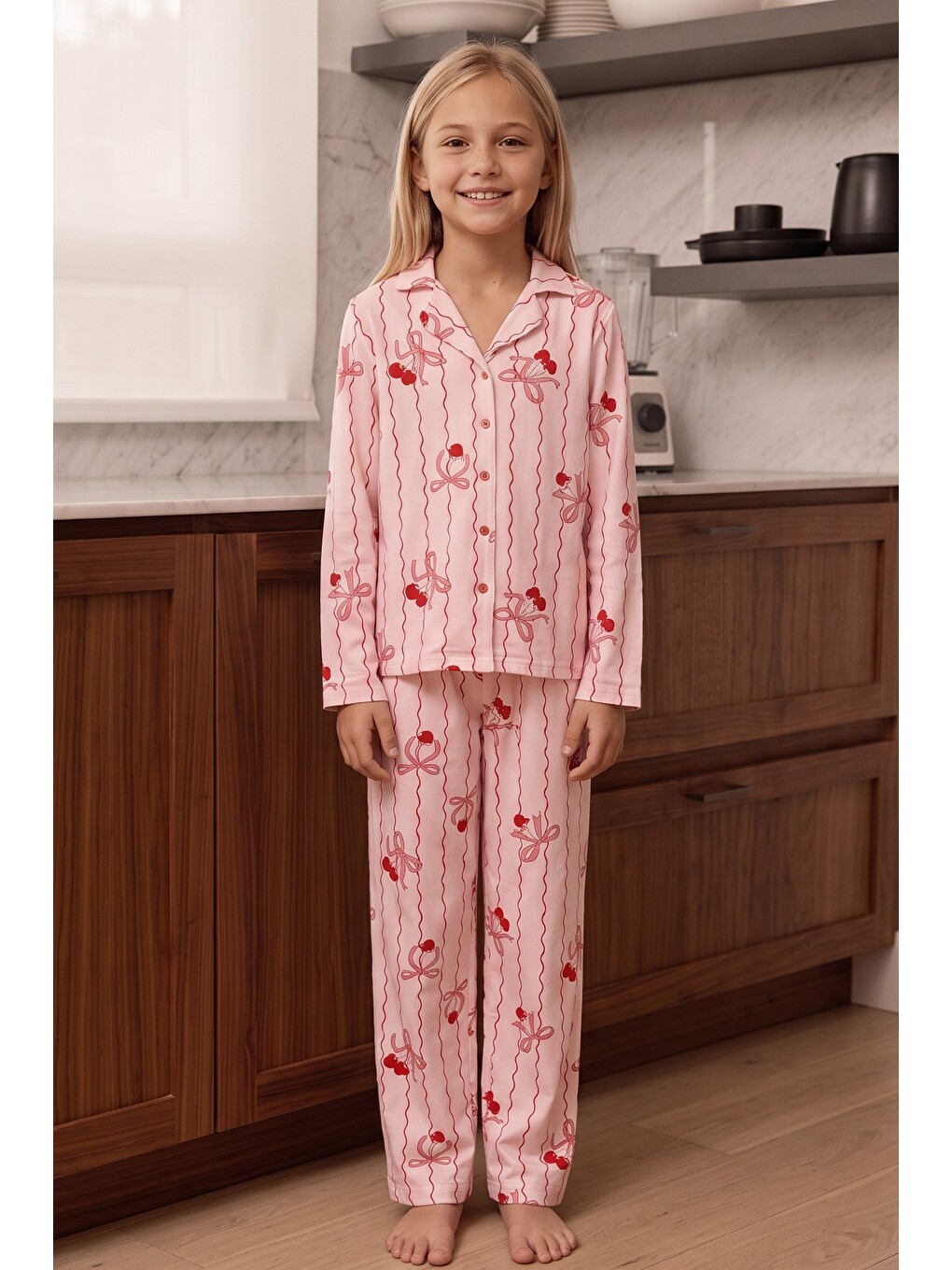 Pembe Desenli Termal Kumaşlı Ultra Soft Yumuşak Düğmeli Örme Pijama Takımı-3