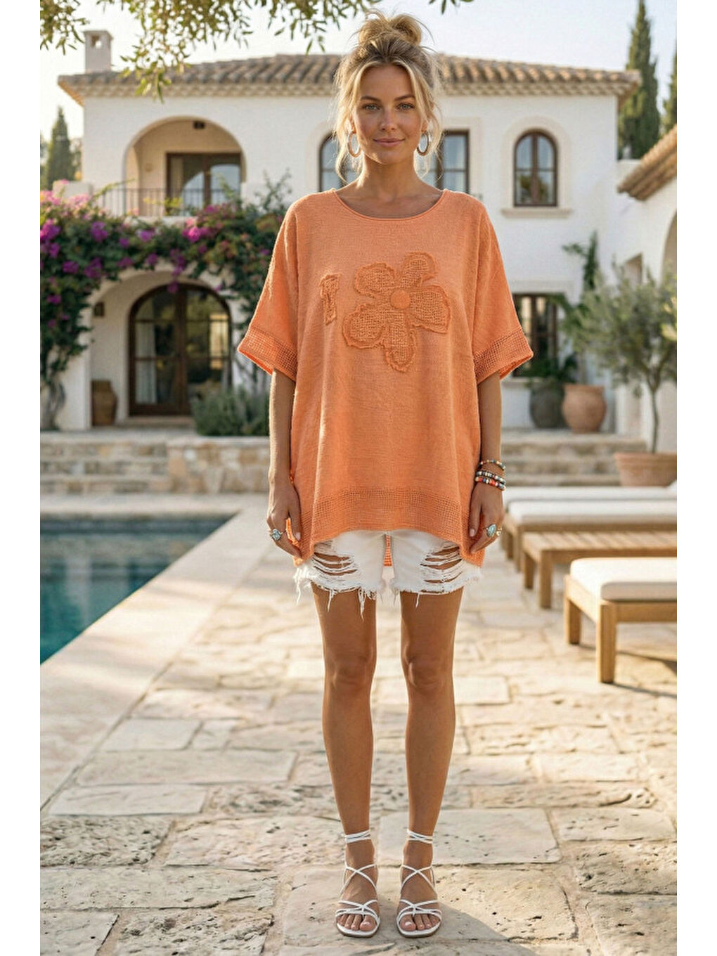 Turuncu Yuvarlak Yaka Düşük Kol Etek Ve Kol Ucu File Detaylı Çiçek Aplikeli Dokuma Bluz 65 60-3