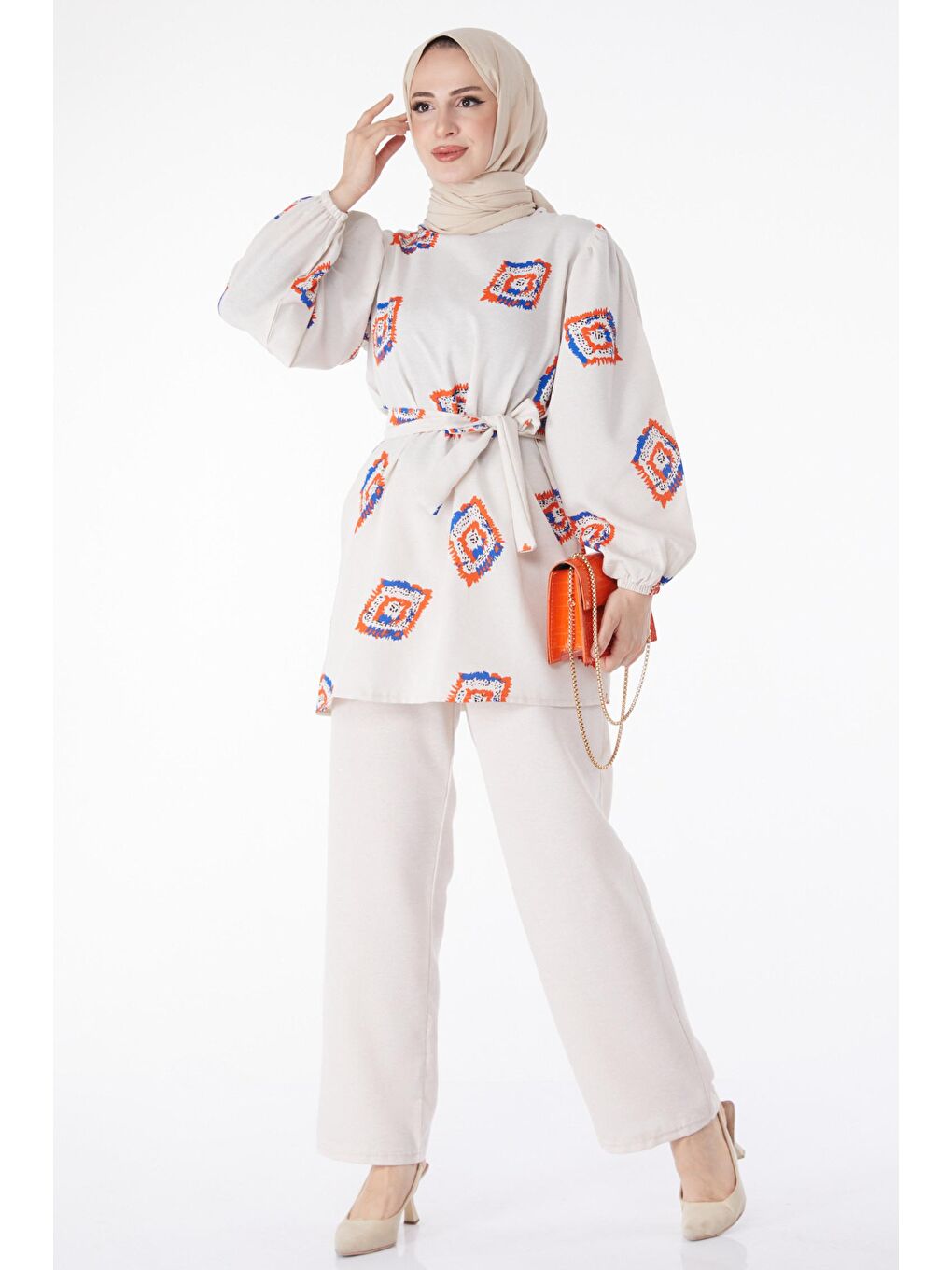 Bisiklet Yaka Kadın Turuncu Desenli İkili Takım - 13164