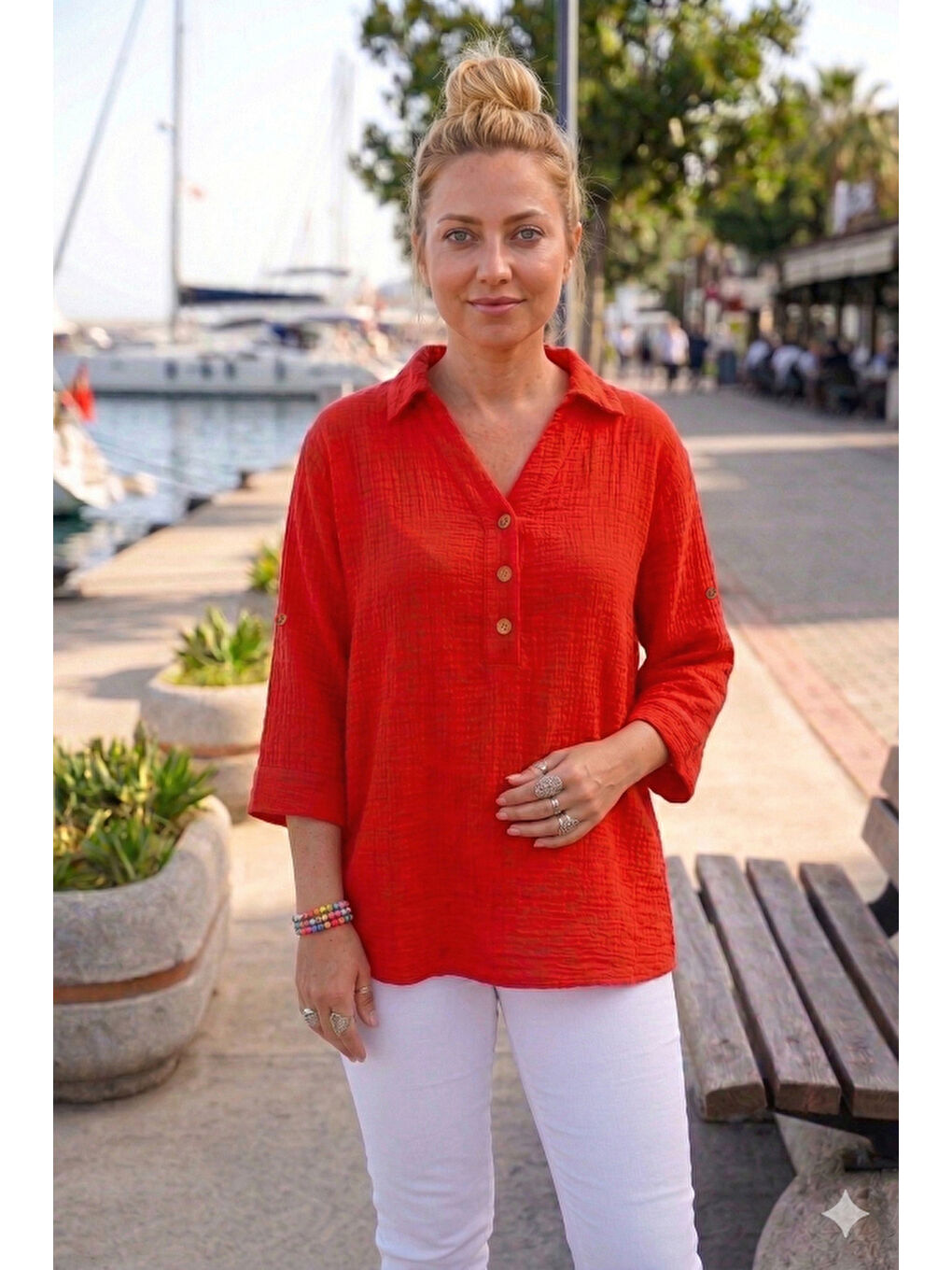 Kırmızı Gömlek Yaka Düğmeli 3/4 Kol Yanları Düğmeli Casual Müslin Dokuma Bluz 67 67