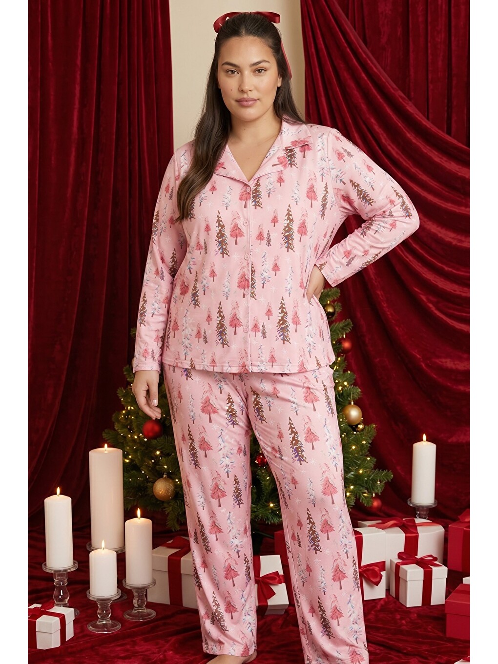 Pembe Yılbaşı Temalı Desenli Termal Kumaşlı Ultra Soft Yumuşak Büyük Beden Battal Boy Düğmeli Örme P-1