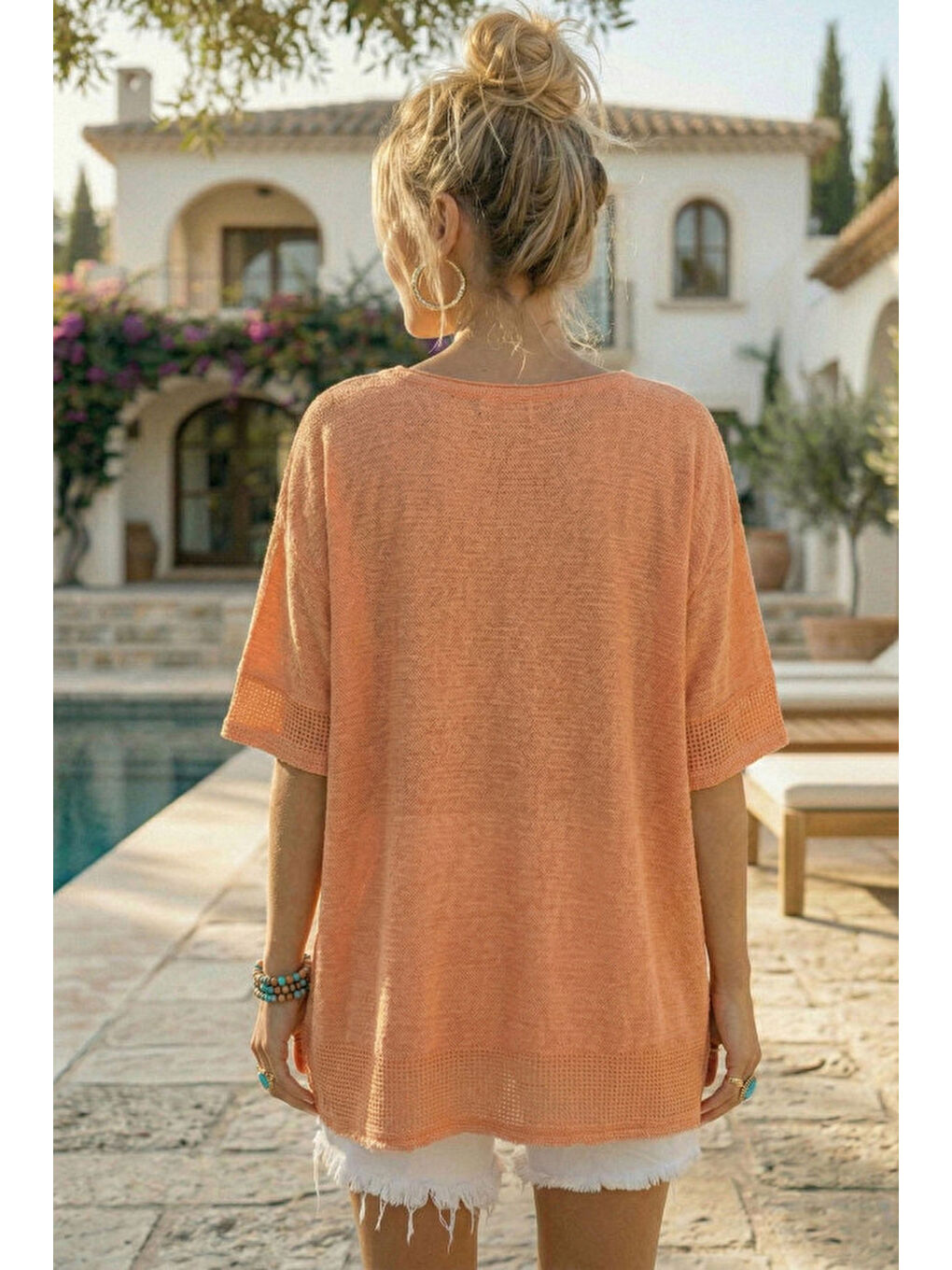 Turuncu Yuvarlak Yaka Düşük Kol Etek Ve Kol Ucu File Detaylı Çiçek Aplikeli Dokuma Bluz 65 60-4