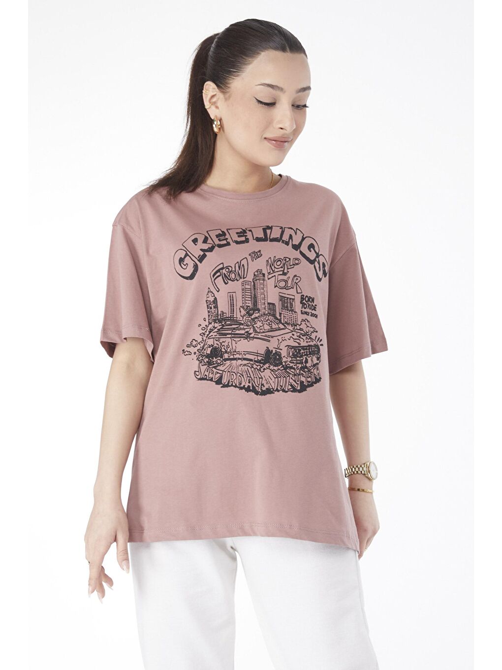 TOFİSA Pembe Düz Bisiklet Yaka Kadın Pembe Kısa Kollu Baskılı T-shirt - 24641 - 1