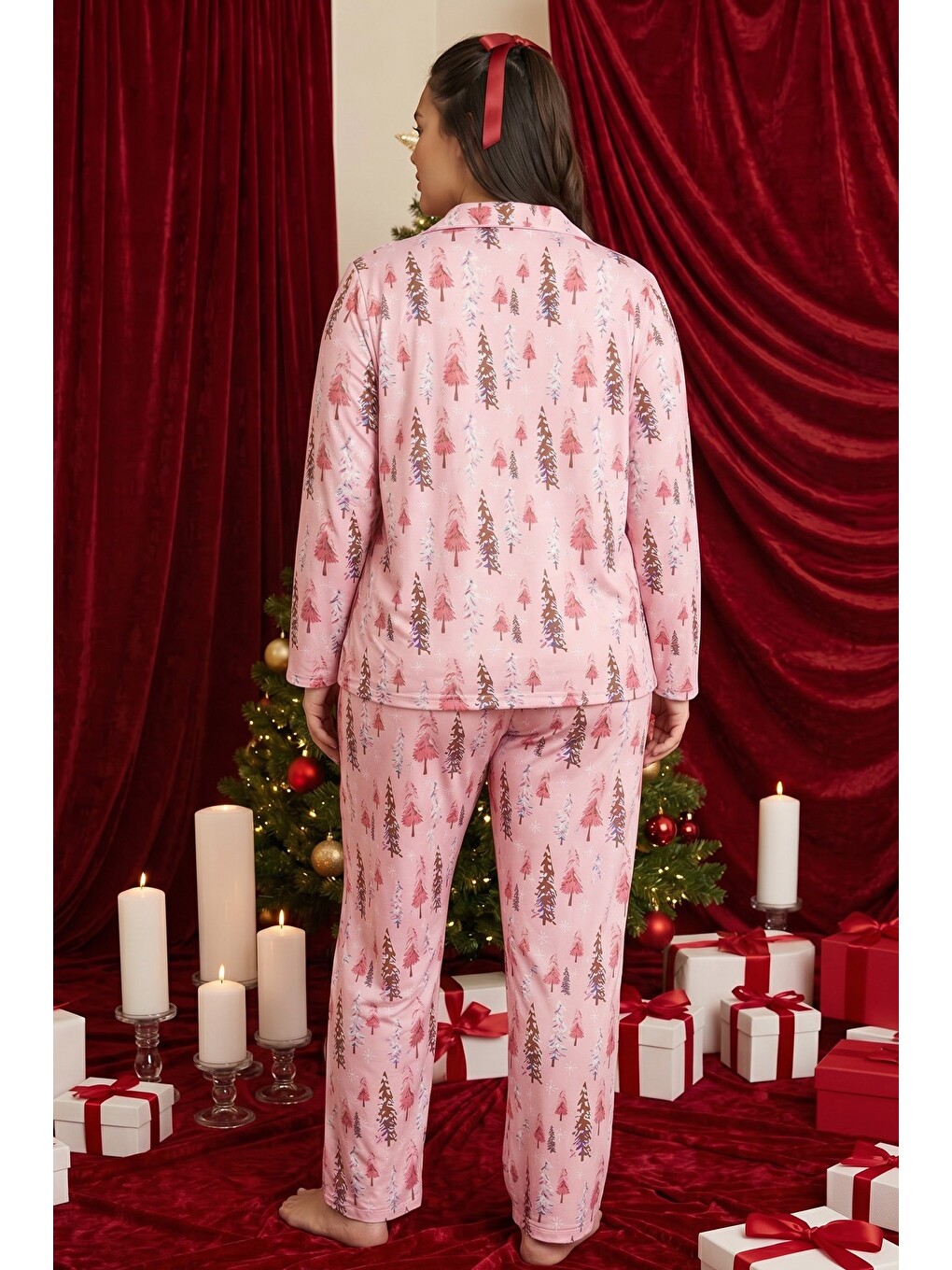 Pembe Yılbaşı Temalı Desenli Termal Kumaşlı Ultra Soft Yumuşak Büyük Beden Battal Boy Düğmeli Örme P-2