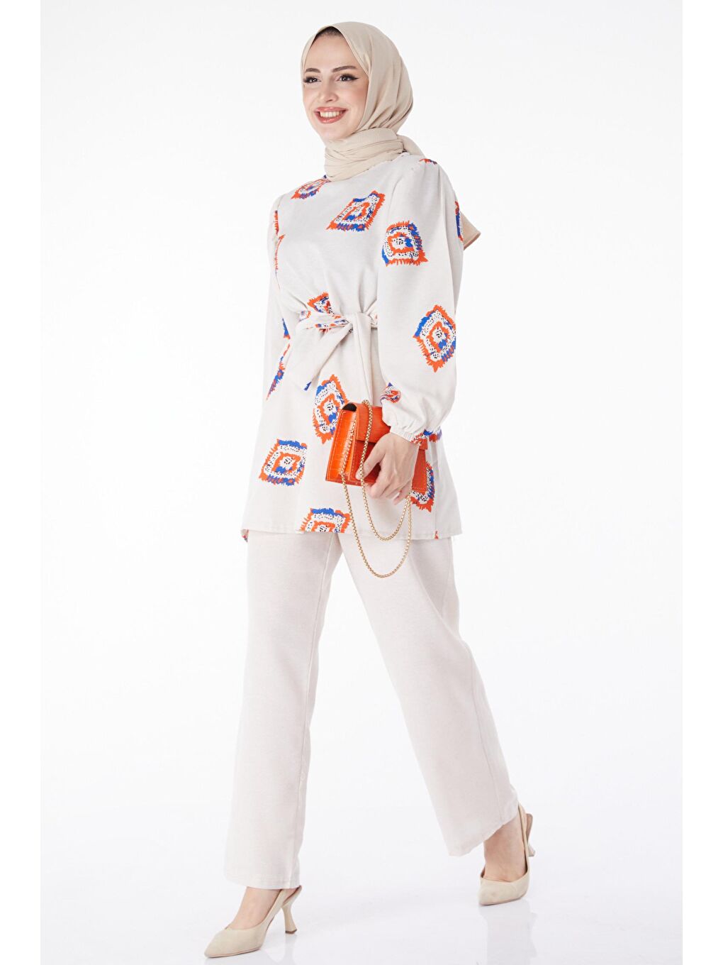 Bisiklet Yaka Kadın Turuncu Desenli İkili Takım - 13164-1