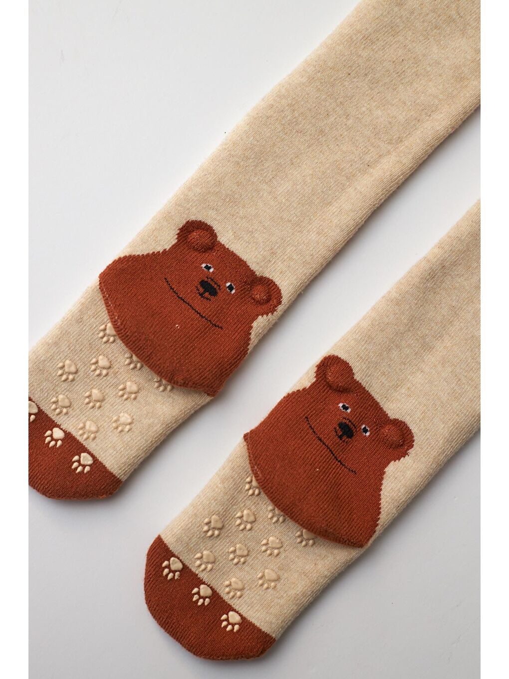 Bebek Ayıcık Desenli Külotlu Çorap Bej Melanj-Kahverengi-1