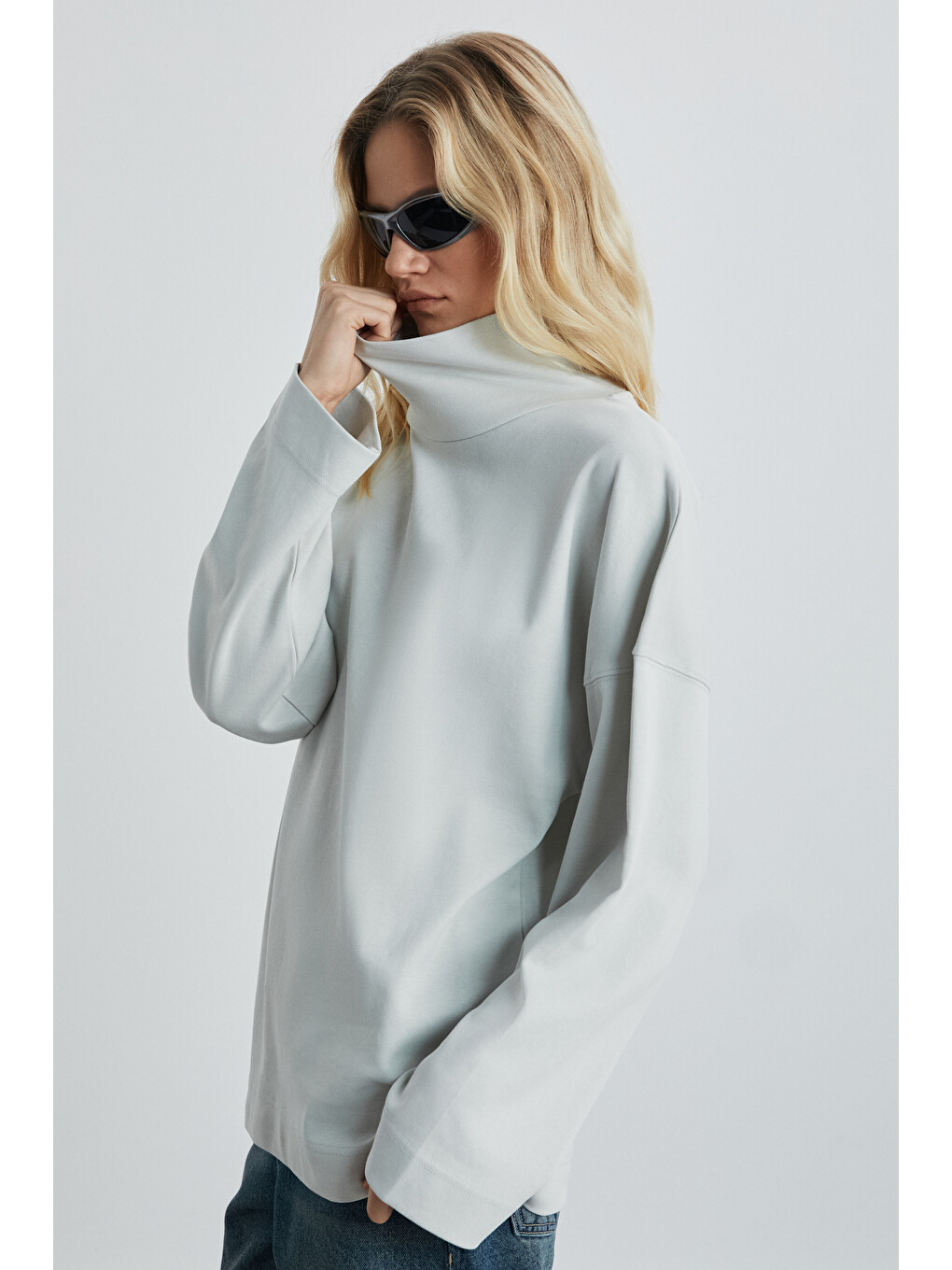 Hermıone Kadın İnterlok Kumaşlı Hafif Bogazlı Oversize Modest Gri Sweatshirt-2