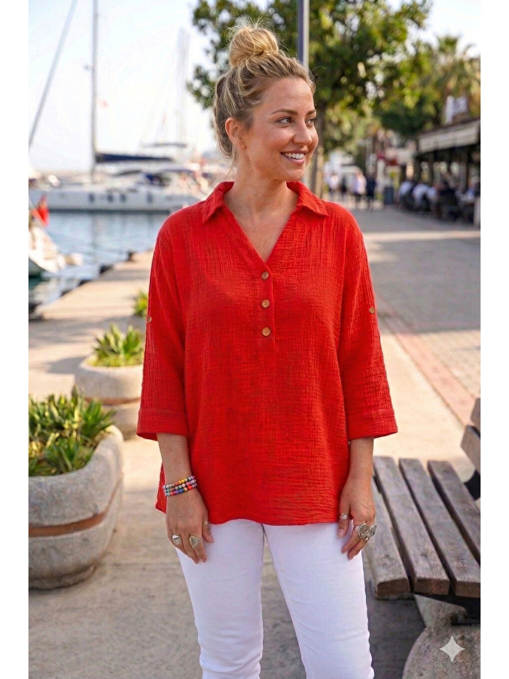 Kırmızı Gömlek Yaka Düğmeli 3/4 Kol Yanları Düğmeli Casual Müslin Dokuma Bluz 67 67-1