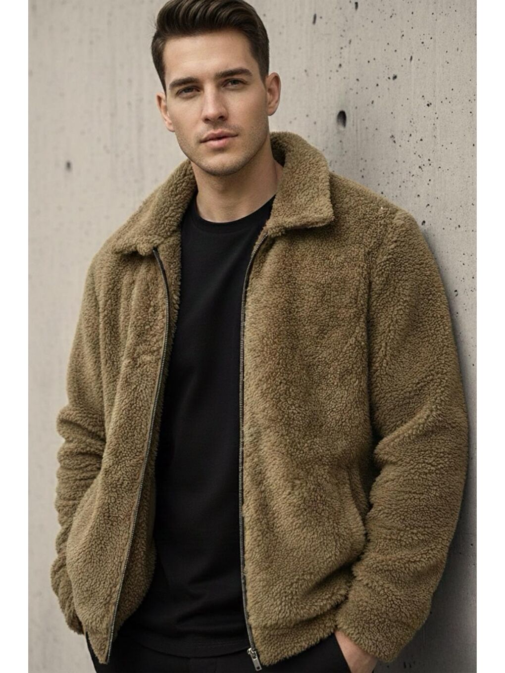 Kahverengi Harris Pelüş İçi Polarlı Tam Fermuarlı Gömlek Yaka Kalın Erkek Hırka Sweatshirt Polar-1