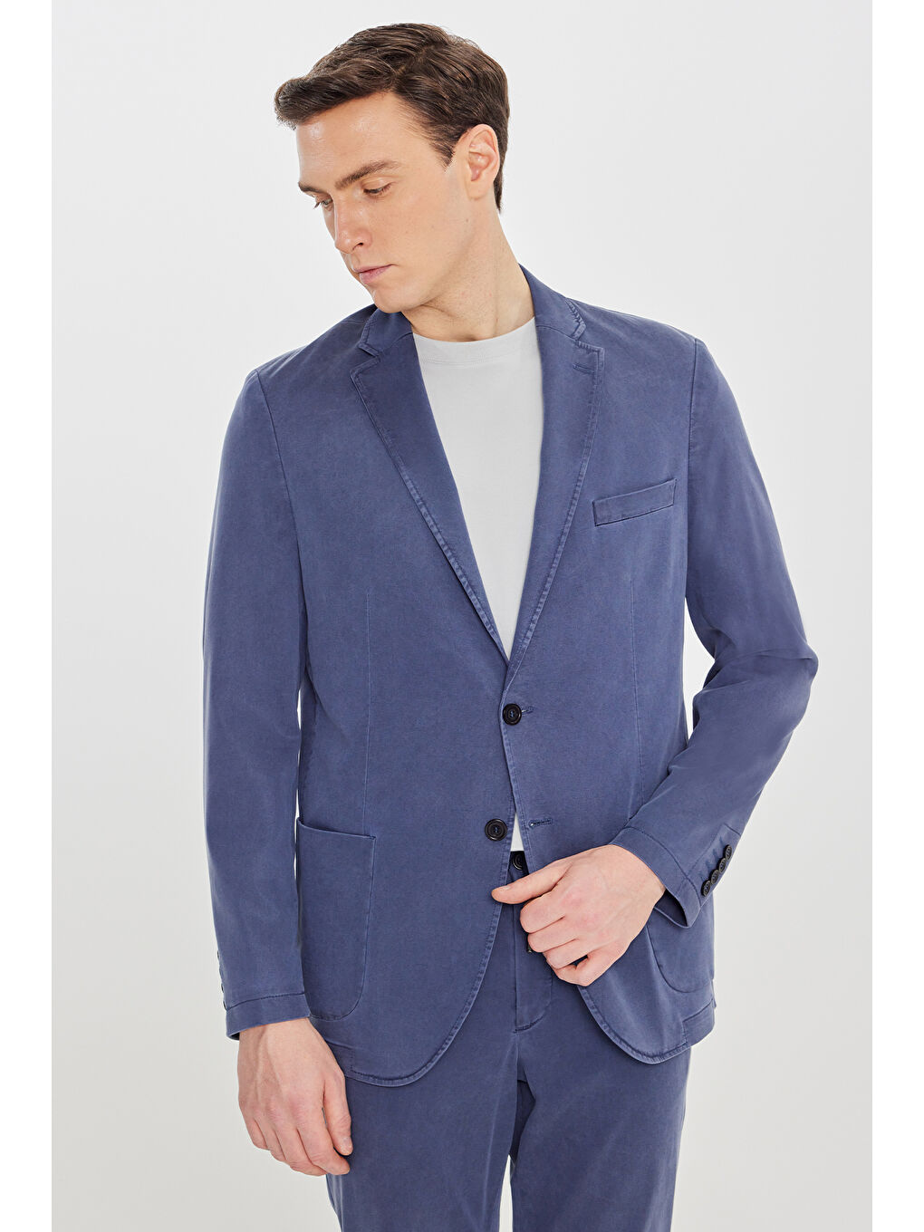 Erkek Mavi Slim Fit Mono Yaka Beli Bağlamalı Torba Cepli Esnek Takım Elbise-2