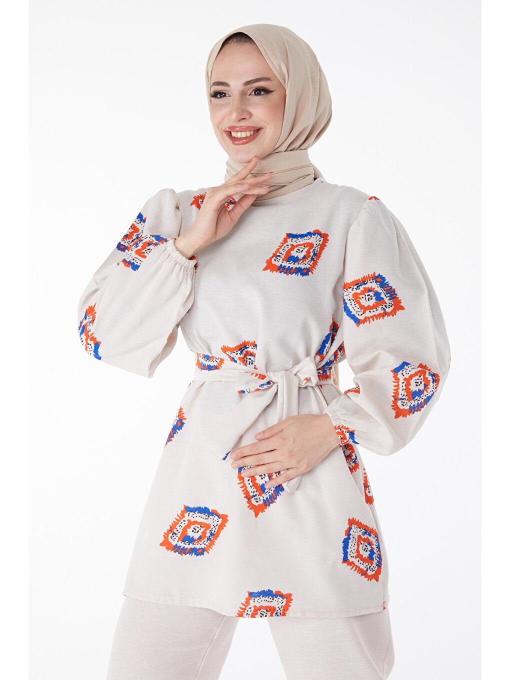 Bisiklet Yaka Kadın Turuncu Desenli İkili Takım - 13164-2