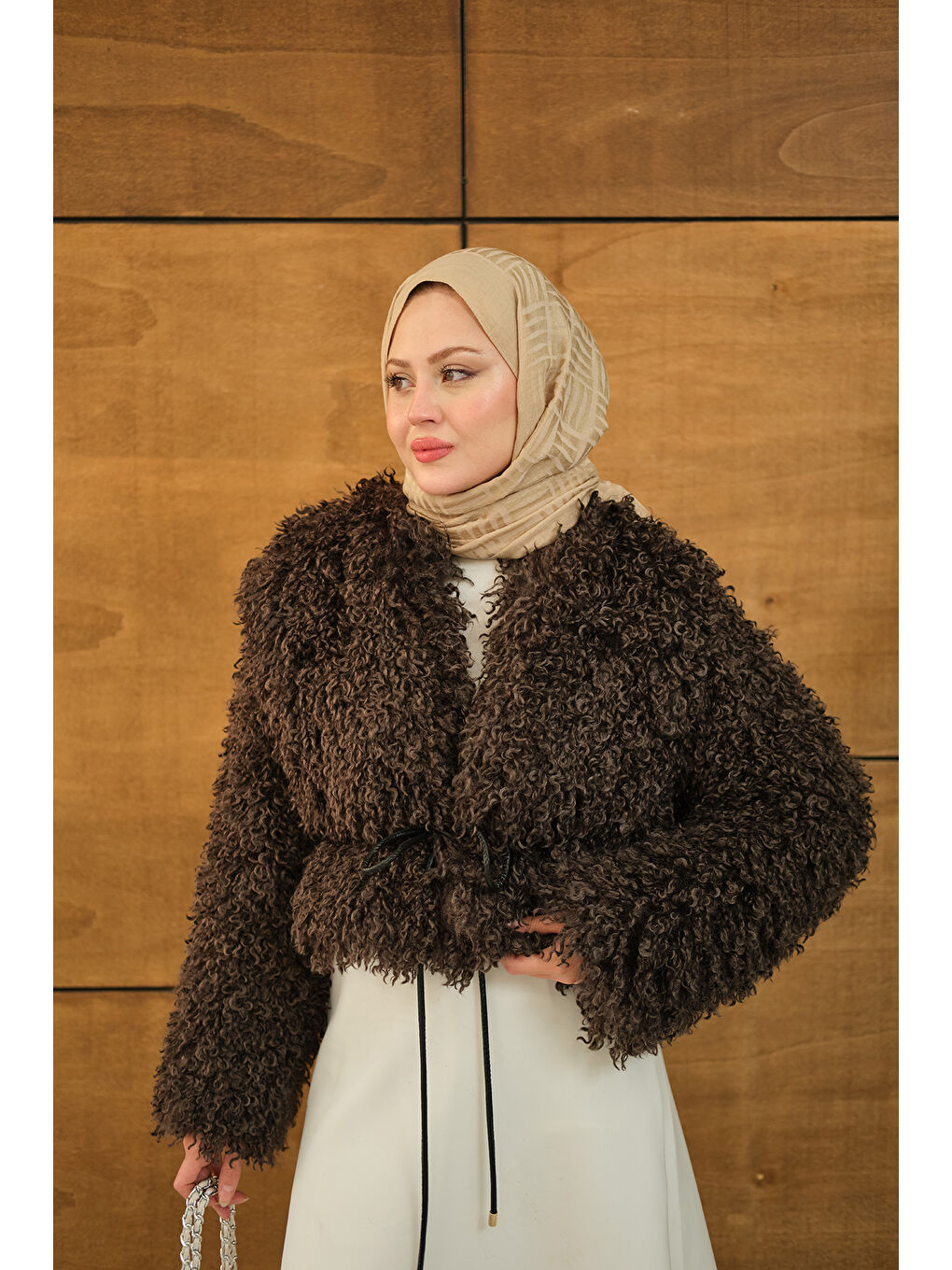 Kadın Kıvırcık Detay Kürk Kaban Kahverengi