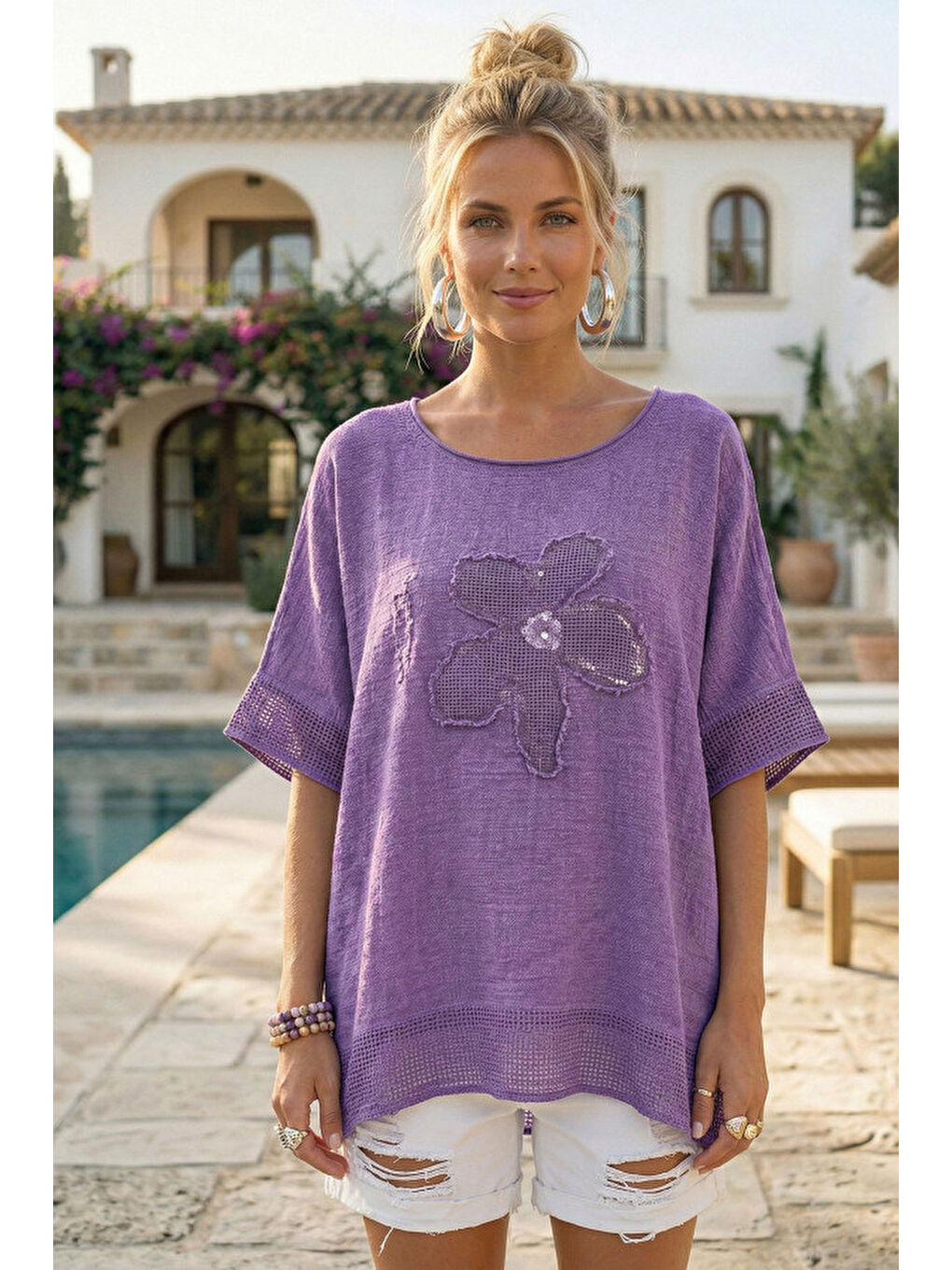 Mor Yuvarlak Yaka Düşük Kol Etek Ve Kol Ucu File Detaylı Çiçek Aplikeli Casual Dokuma Bluz 65 60-1