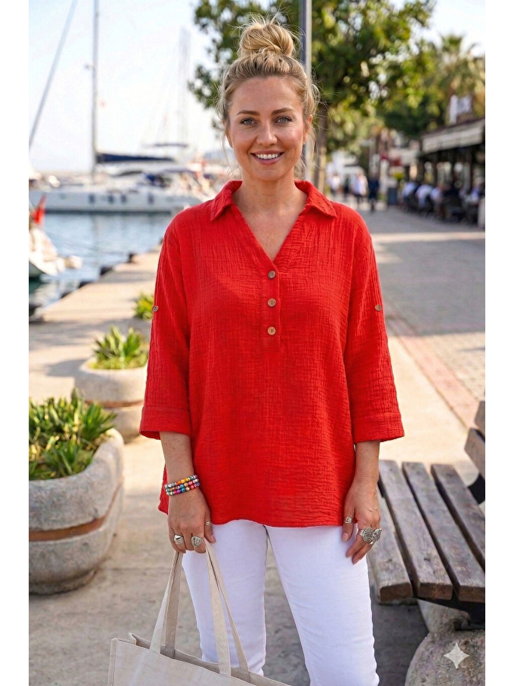 Kırmızı Gömlek Yaka Düğmeli 3/4 Kol Yanları Düğmeli Casual Müslin Dokuma Bluz 67 67-2