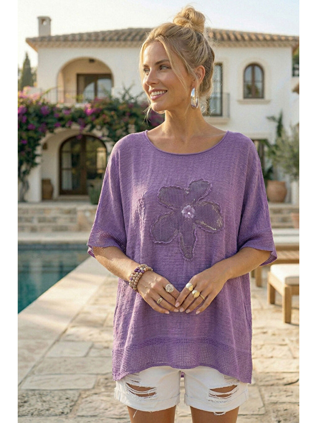 Mor Yuvarlak Yaka Düşük Kol Etek Ve Kol Ucu File Detaylı Çiçek Aplikeli Casual Dokuma Bluz 65 60-2
