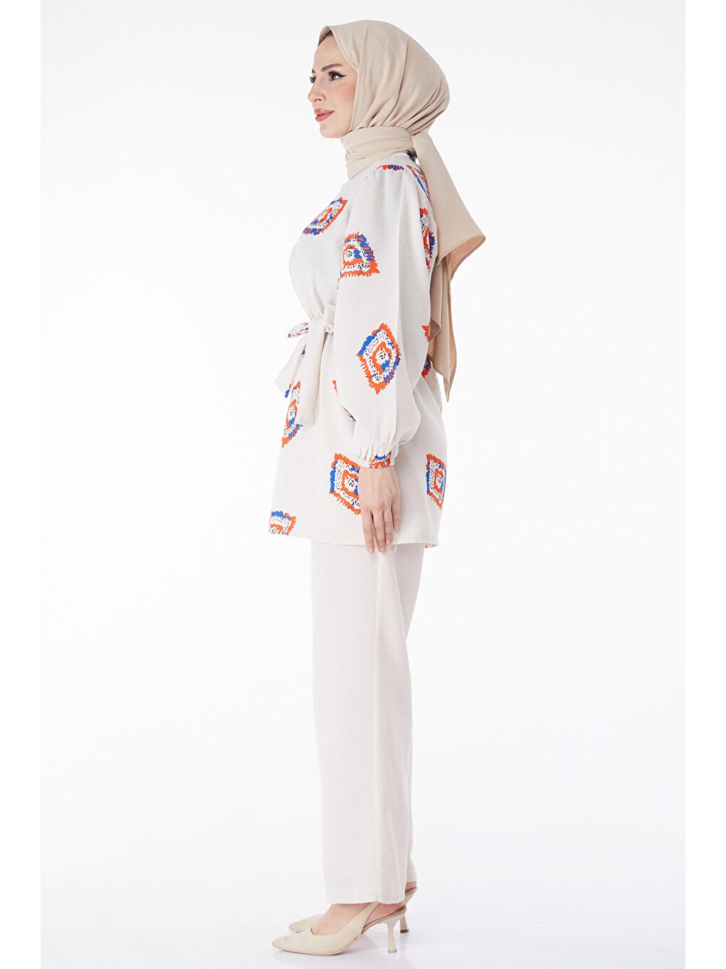 Bisiklet Yaka Kadın Turuncu Desenli İkili Takım - 13164-3