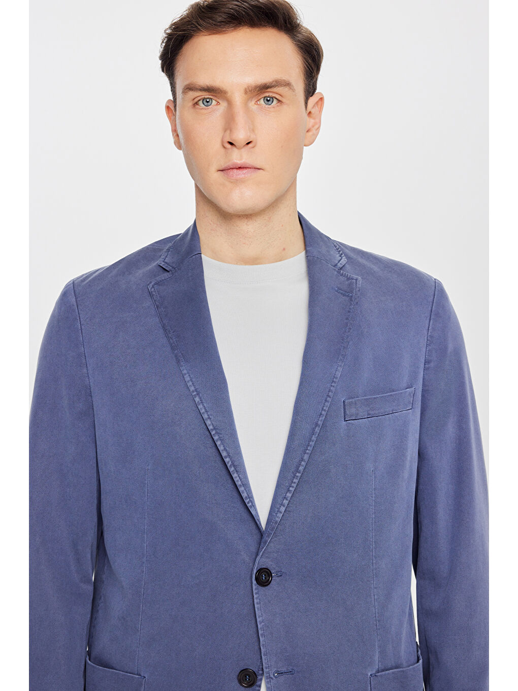 Erkek Mavi Slim Fit Mono Yaka Beli Bağlamalı Torba Cepli Esnek Takım Elbise-3