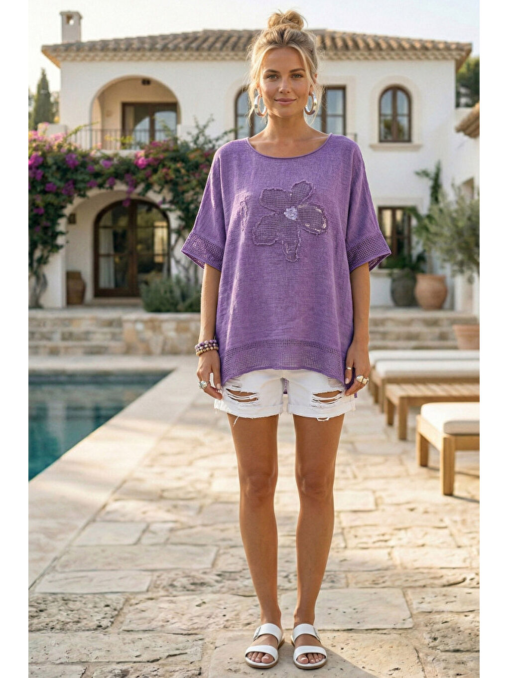 Mor Yuvarlak Yaka Düşük Kol Etek Ve Kol Ucu File Detaylı Çiçek Aplikeli Casual Dokuma Bluz 65 60-3