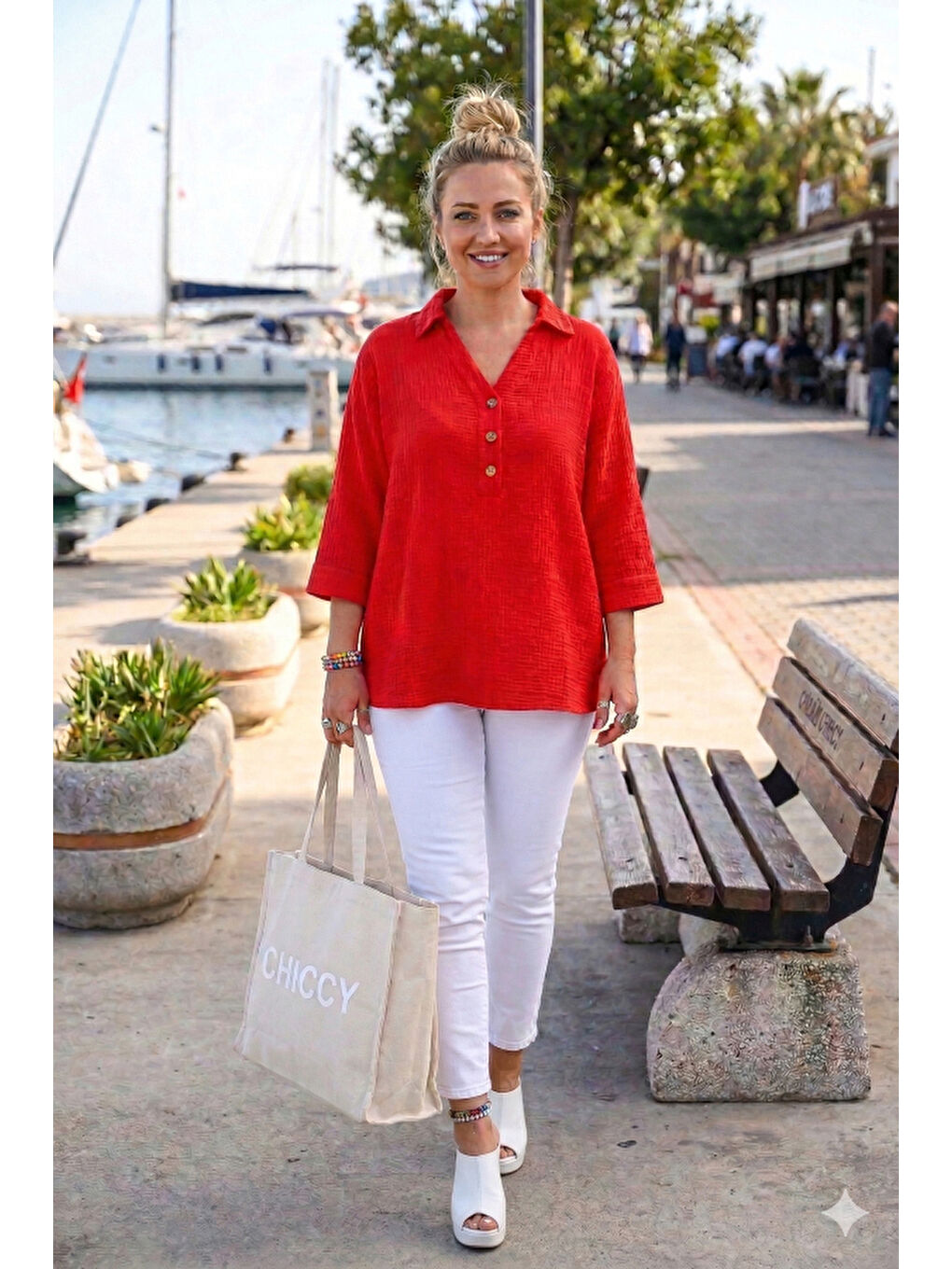 Kırmızı Gömlek Yaka Düğmeli 3/4 Kol Yanları Düğmeli Casual Müslin Dokuma Bluz 67 67-3