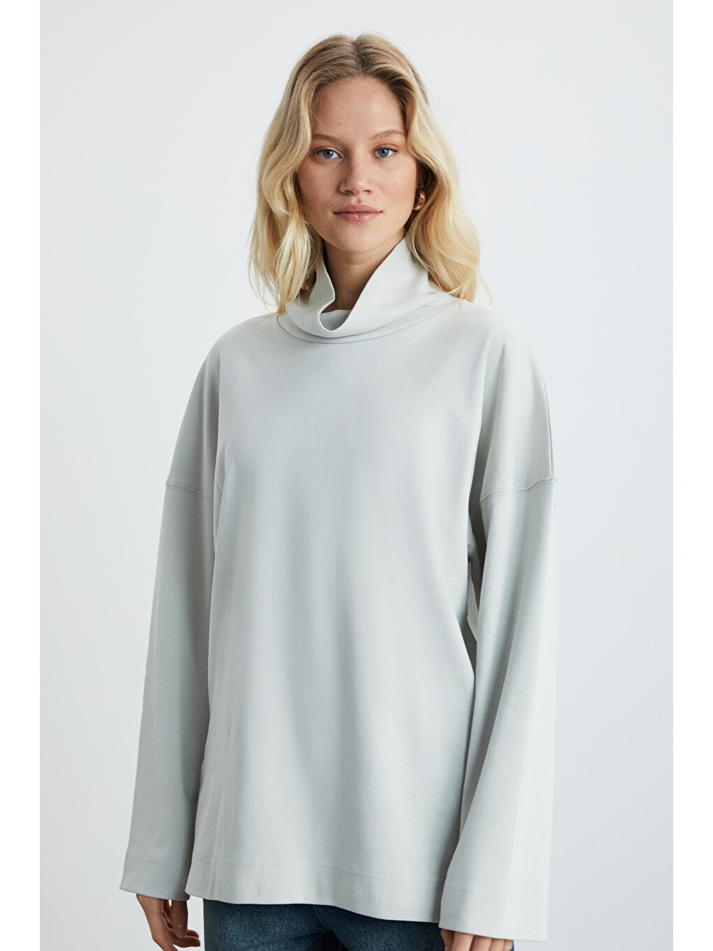 Hermıone Kadın İnterlok Kumaşlı Hafif Bogazlı Oversize Modest Gri Sweatshirt-3