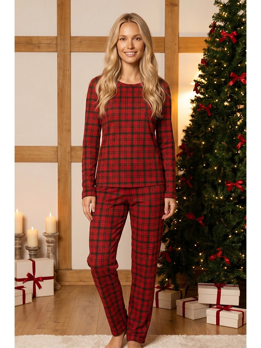 Kırmızı Ekose Desenli Termal Kumaşlı Ultra Soft Yumuşak Örme Pijama Takımı-1