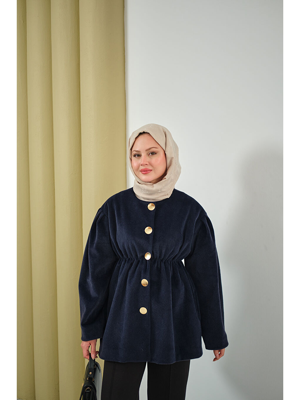 Kadın Beli Lastikli Angora Ceket Lacivert