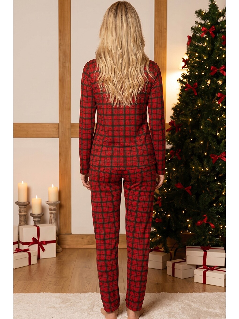 Kırmızı Ekose Desenli Termal Kumaşlı Ultra Soft Yumuşak Örme Pijama Takımı-2