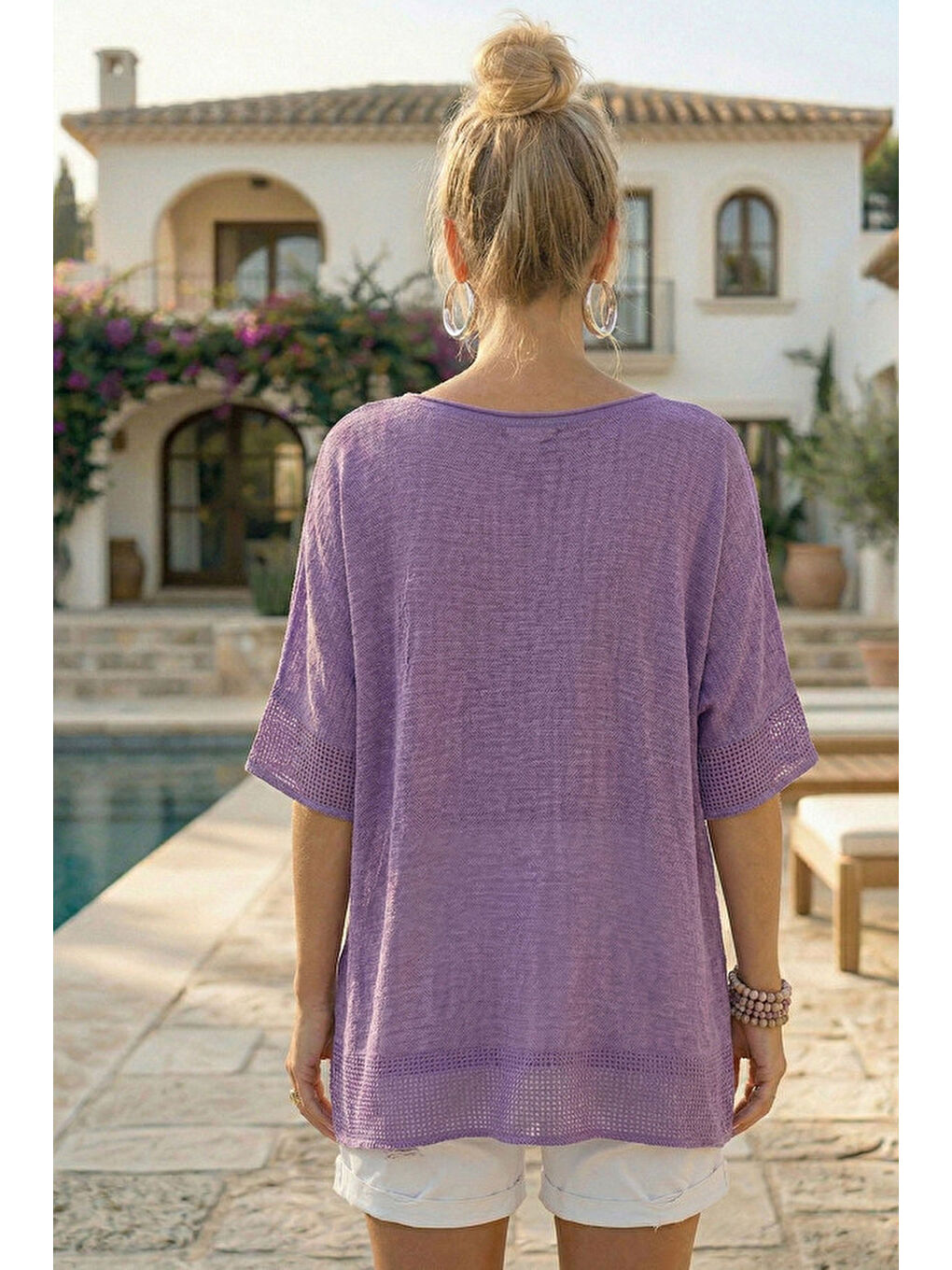 Mor Yuvarlak Yaka Düşük Kol Etek Ve Kol Ucu File Detaylı Çiçek Aplikeli Casual Dokuma Bluz 65 60-4