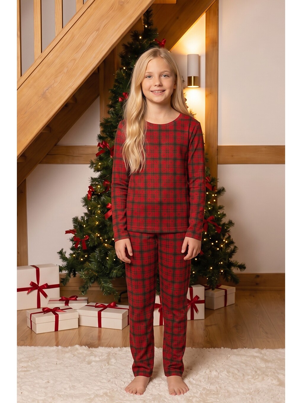 Kırmızı Ekose Desenli Termal Kumaşlı Ultra Soft Yumuşak Örme Pijama Takımı-3