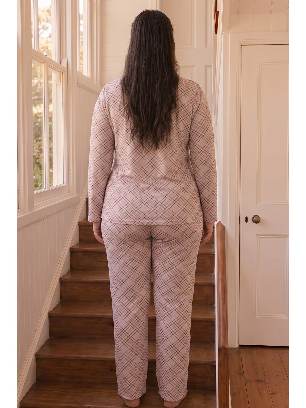 Pembe Ekose Desenli Termal Kumaşlı Ultra Soft Yumuşak Büyük Beden Battal Boy Örme Pijama Takımı-2