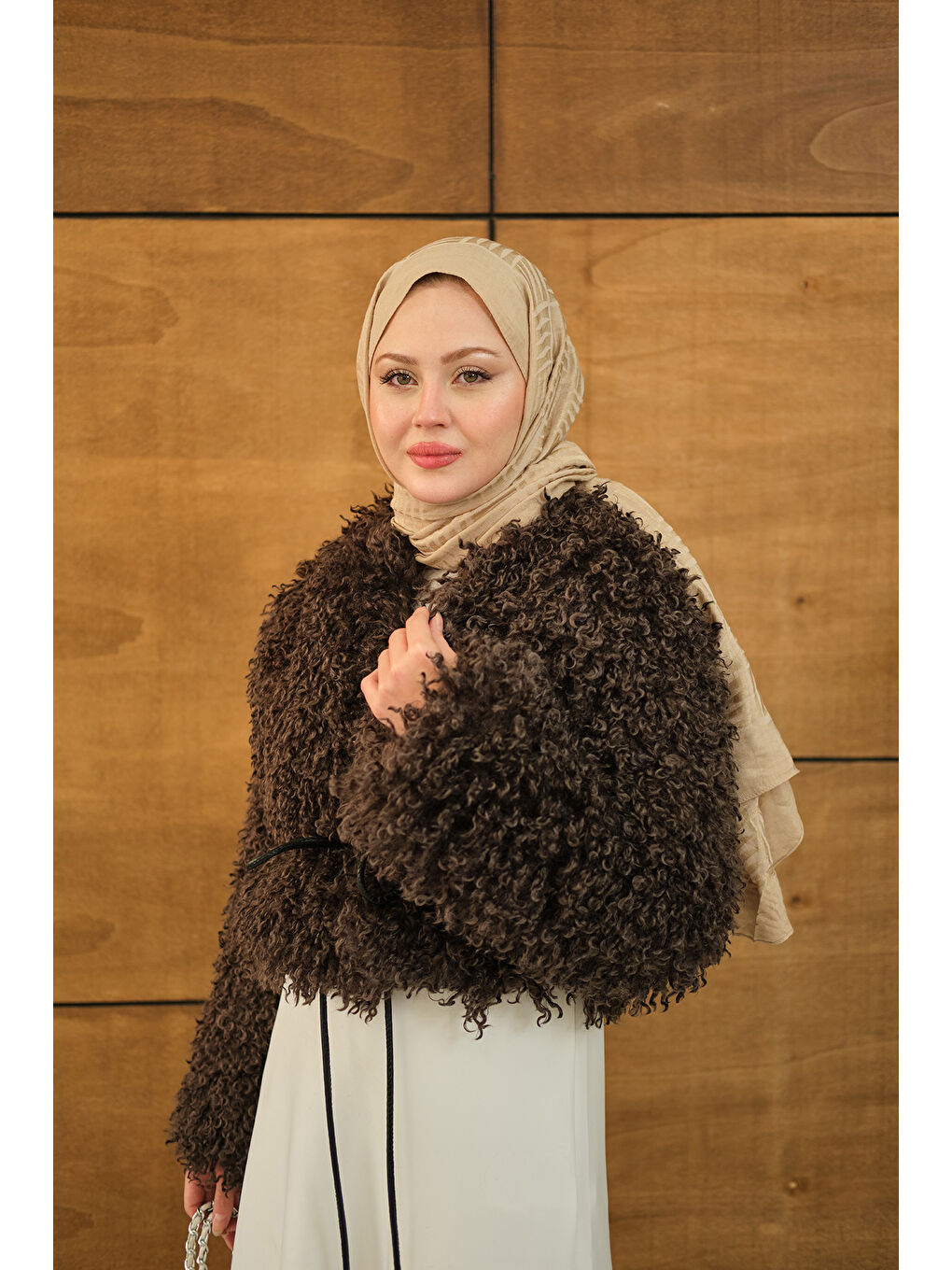 Kadın Kıvırcık Detay Kürk Kaban Kahverengi-2