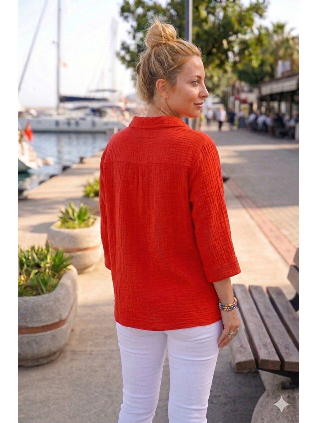 Kırmızı Gömlek Yaka Düğmeli 3/4 Kol Yanları Düğmeli Casual Müslin Dokuma Bluz 67 67-4