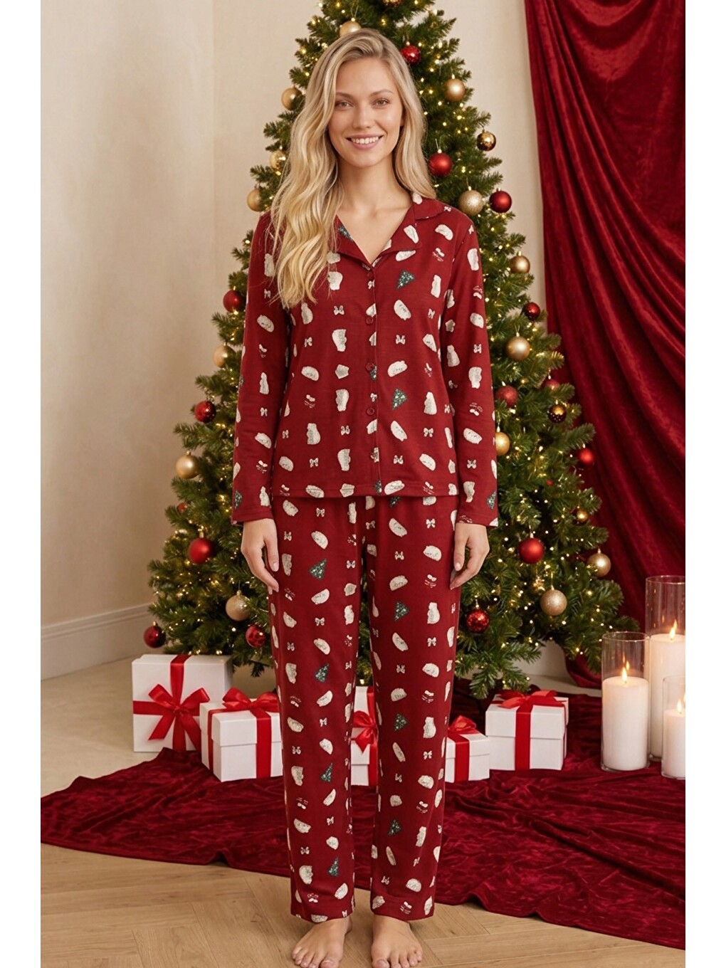 Bordo Yılbaşı Temalı Desenli Termal Kumaşlı Ultra Soft Yumuşak Düğmeli Örme Pijama Takımı-1