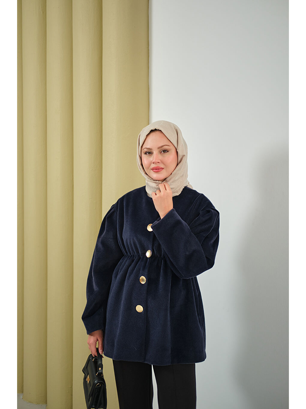 Kadın Beli Lastikli Angora Ceket Lacivert-1