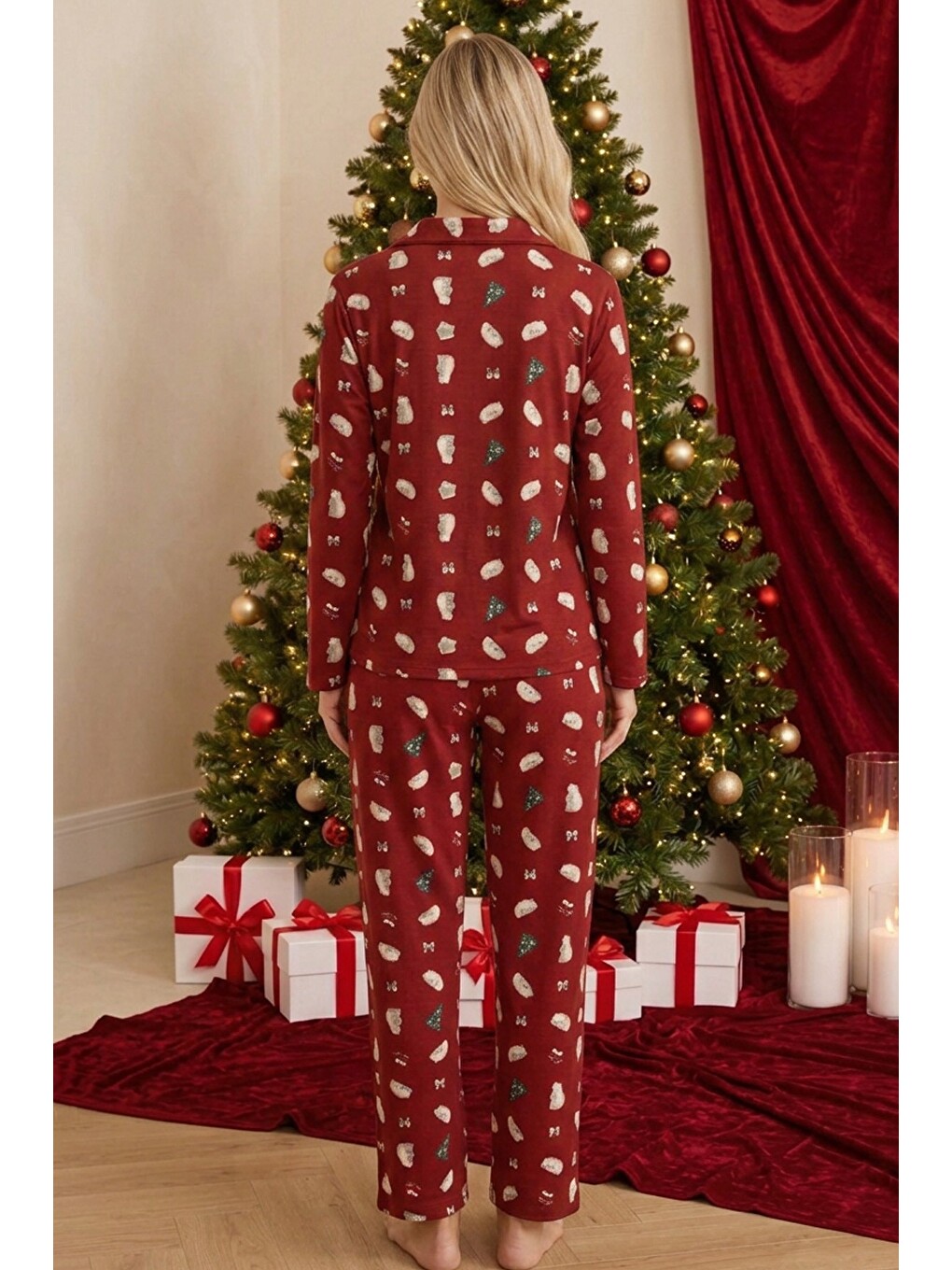 Bordo Yılbaşı Temalı Desenli Termal Kumaşlı Ultra Soft Yumuşak Düğmeli Örme Pijama Takımı-2