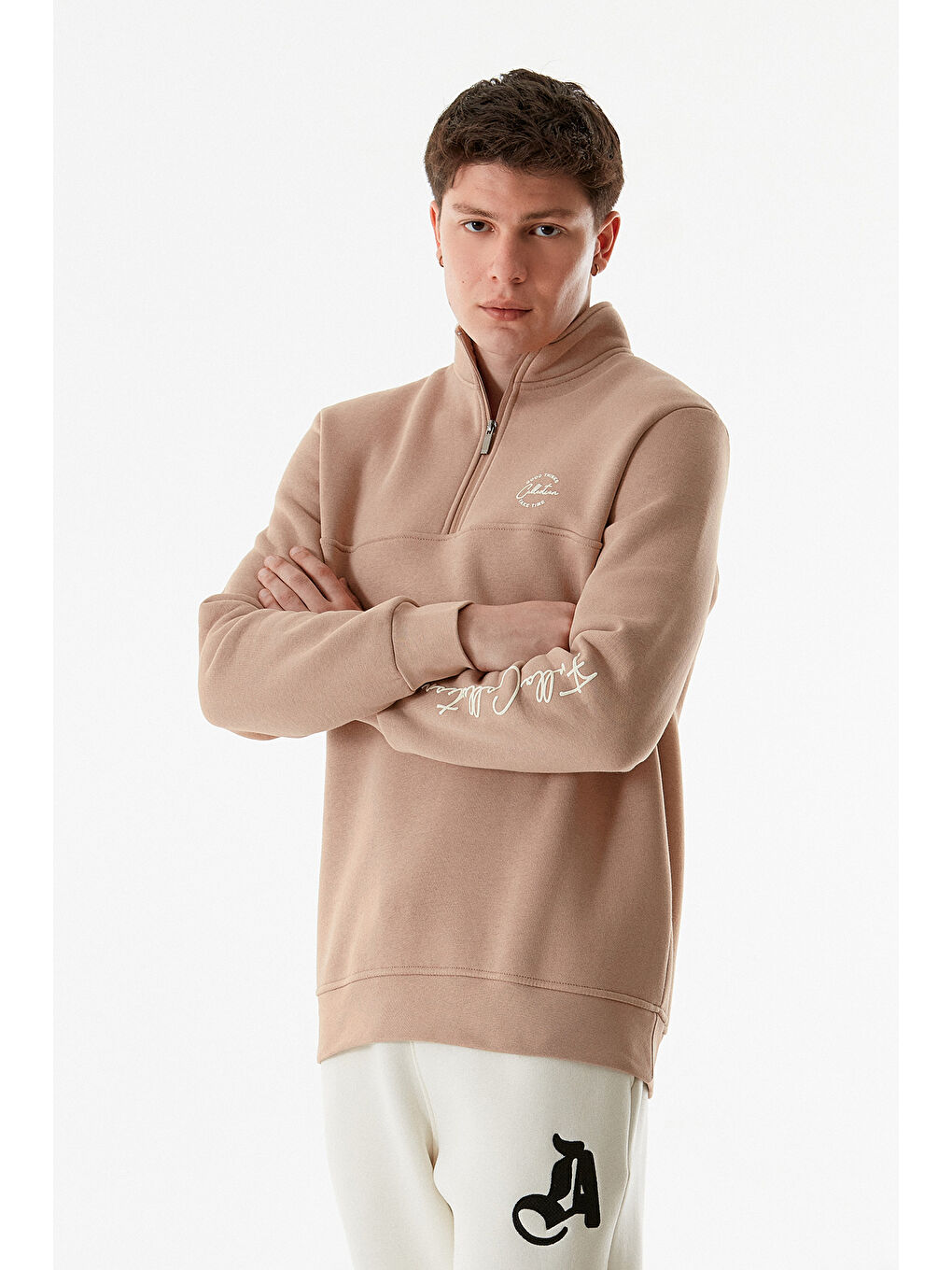 Fullamoda Camel Yazı Baskılı Yarım Fermuarlı Dik Yaka Sweatshirt - 2