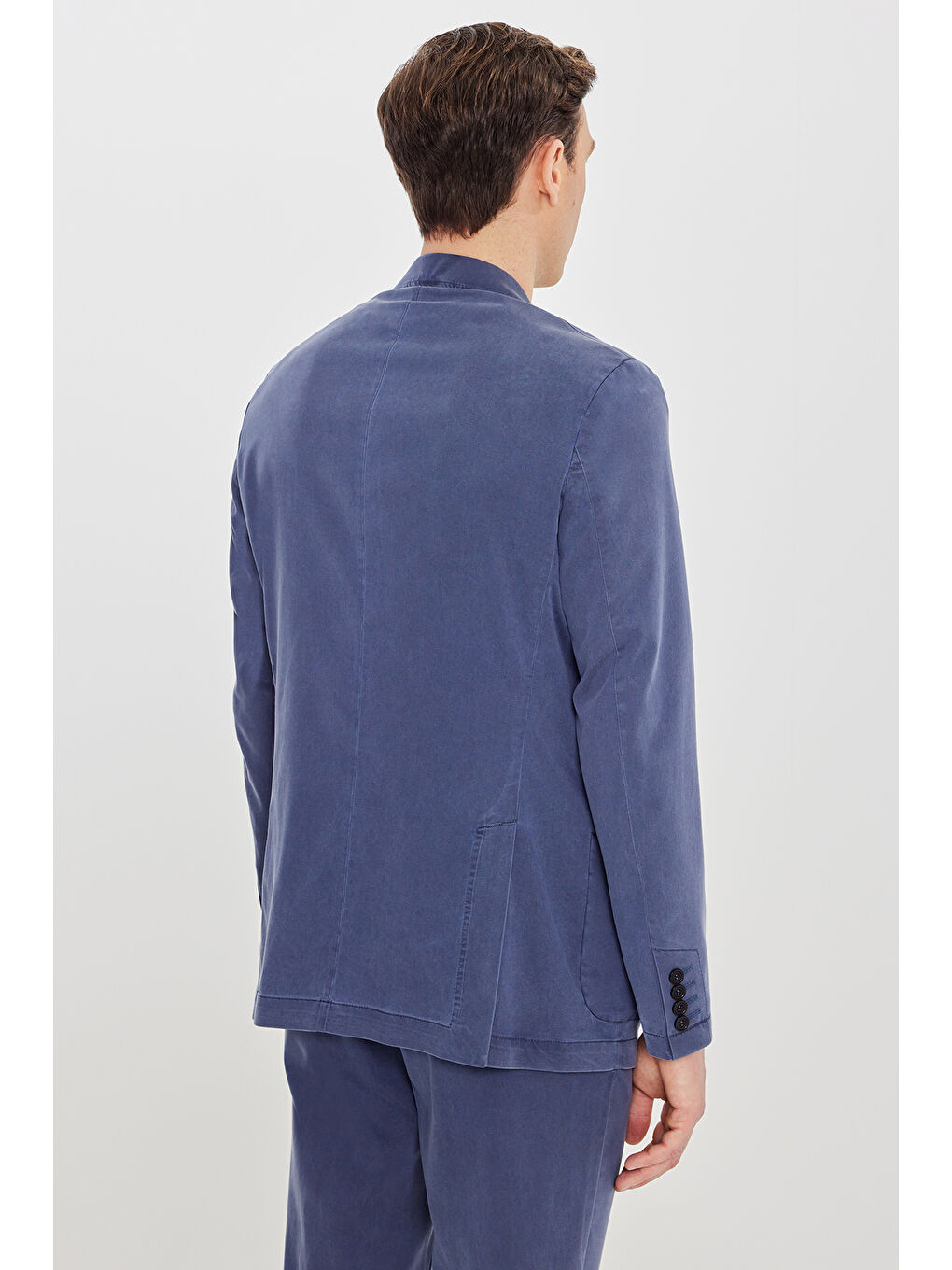 Erkek Mavi Slim Fit Mono Yaka Beli Bağlamalı Torba Cepli Esnek Takım Elbise-5