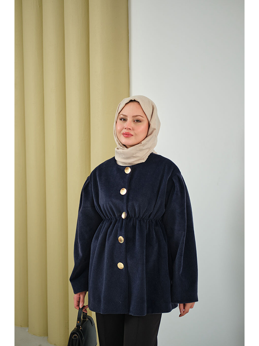 Kadın Beli Lastikli Angora Ceket Lacivert-2