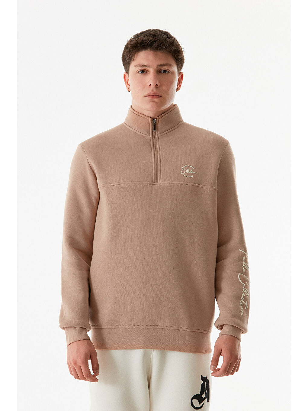 Fullamoda Camel Yazı Baskılı Yarım Fermuarlı Dik Yaka Sweatshirt - 3