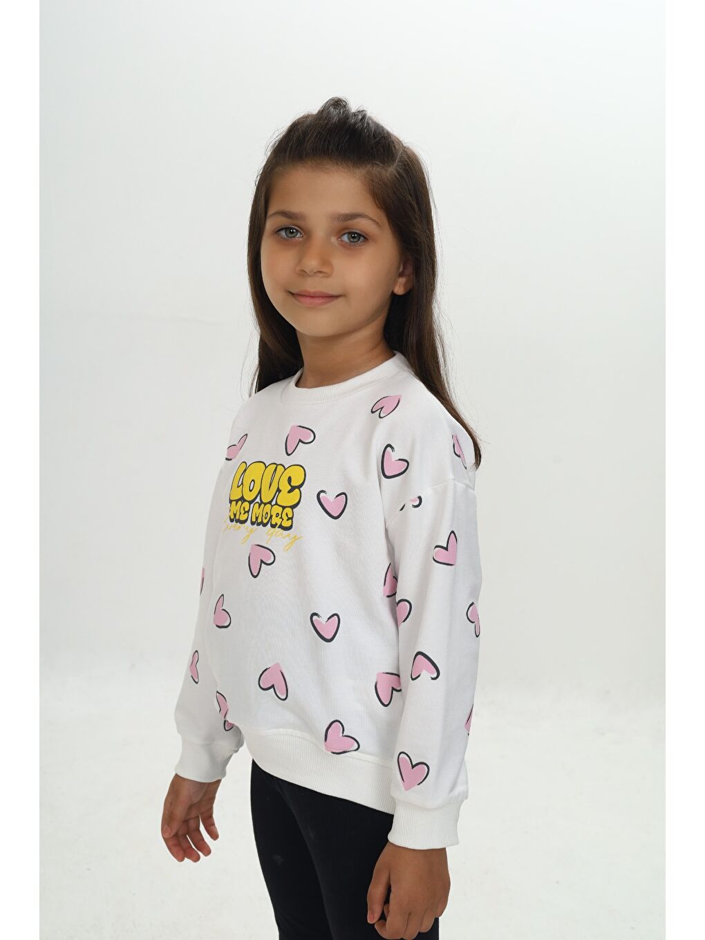 Ekru Kız Çocuk Love Kalp Baskılı Sweatshirt-1