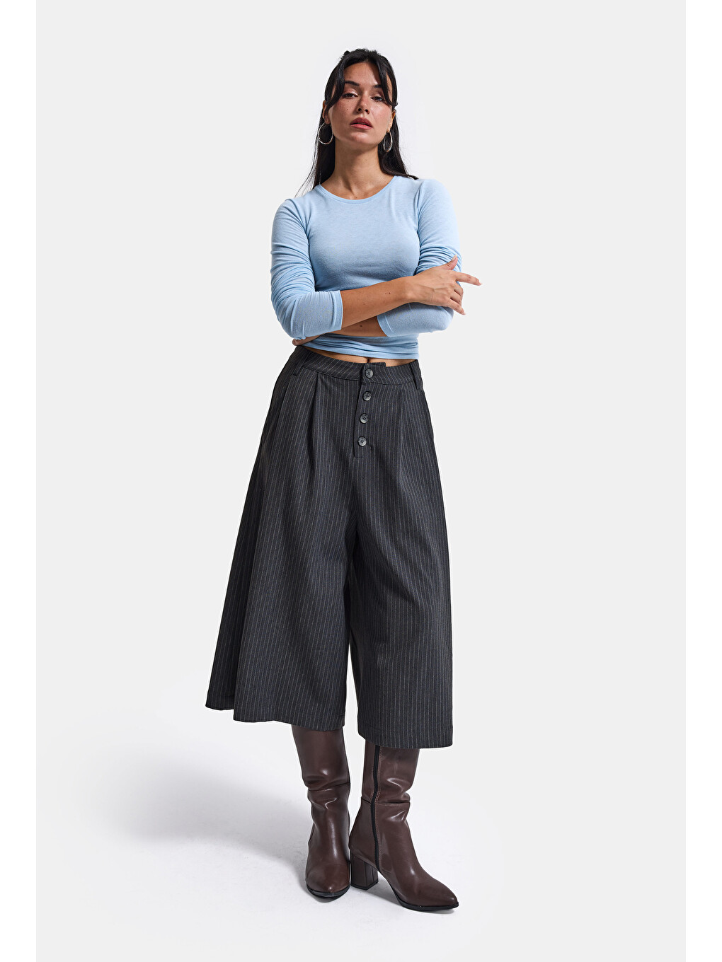 Kadın Antrasit Çizgili W6-45 Baggy Bermuda Şort Pantolon-5