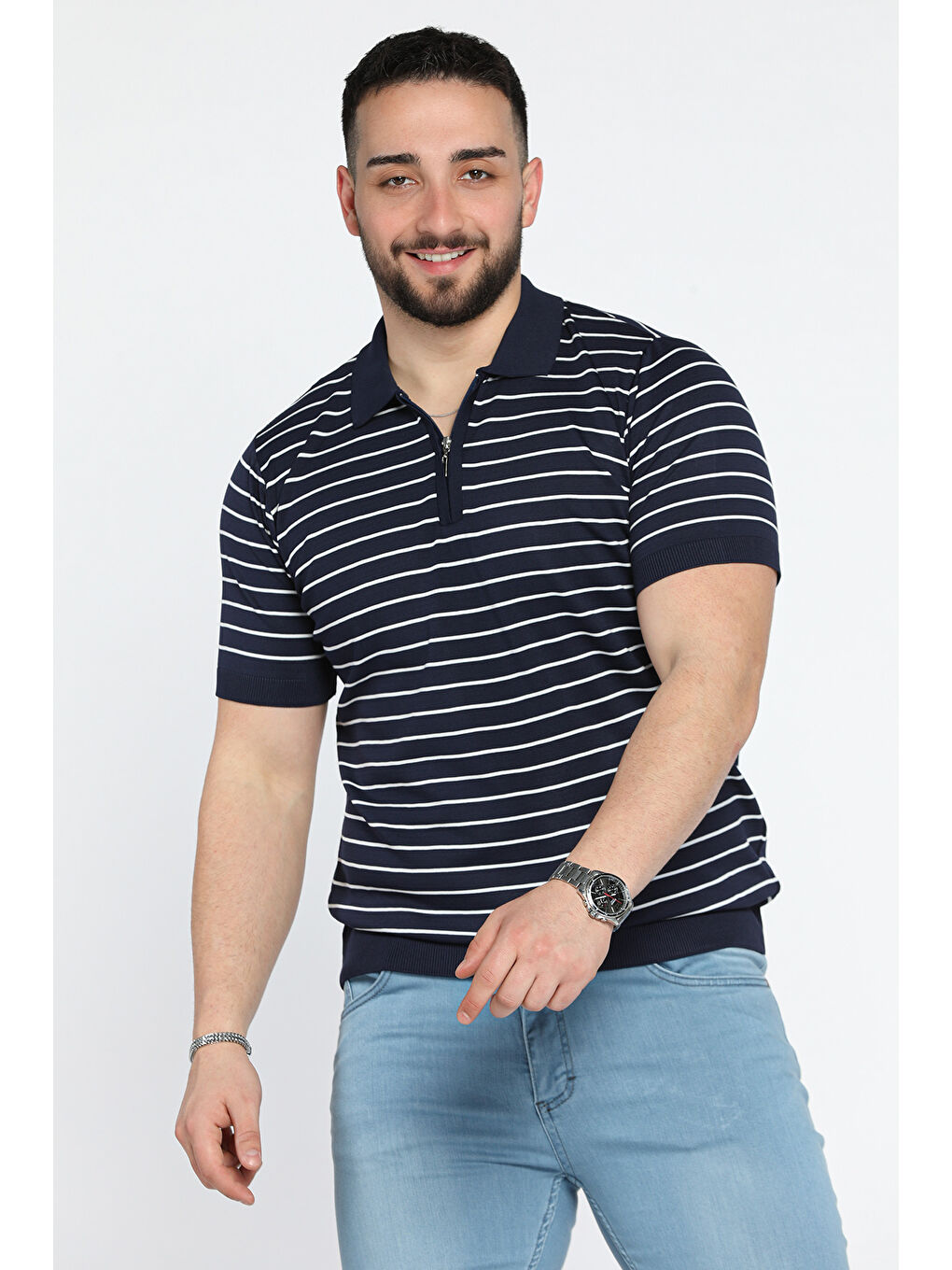 Lacivert Erkek Polo Yaka Çizgi Desenli Yarım Fermuarlı Triko Tişört