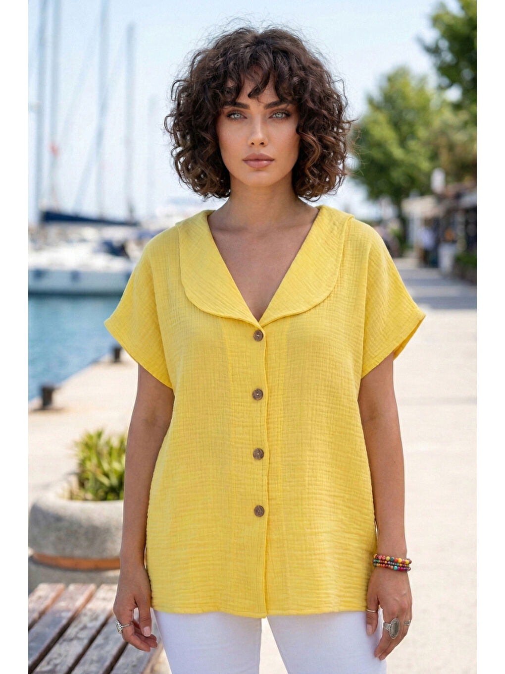 Sarı Bebe Yaka Düşük Kol Düğmeli Casual Müslin Oversize Dokuma Bluz 70 65-1