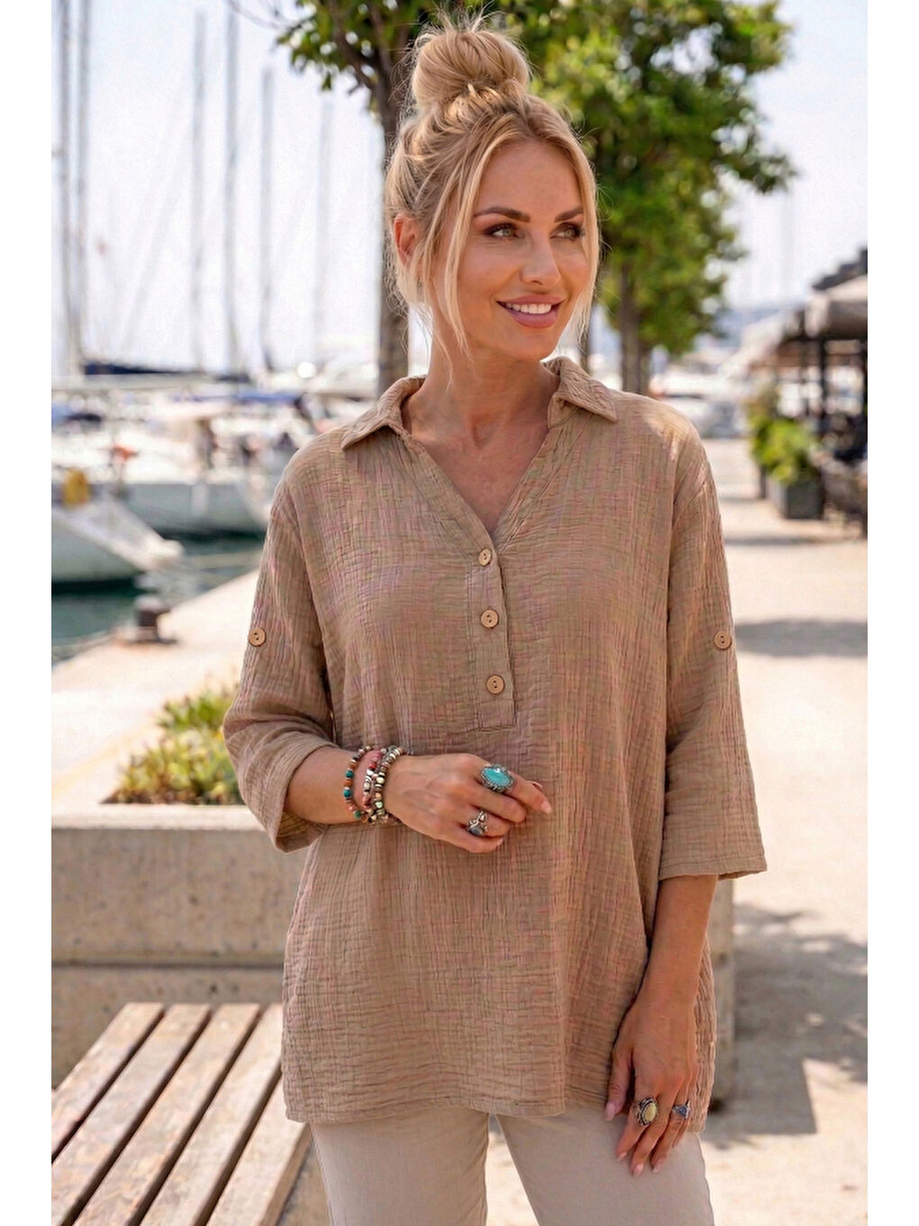 Kahverengi Camel Gömlek Yaka Düğmeli 3/4 Kol Yanları Düğmeli Casual Müslin Dokuma Bluz 67 67