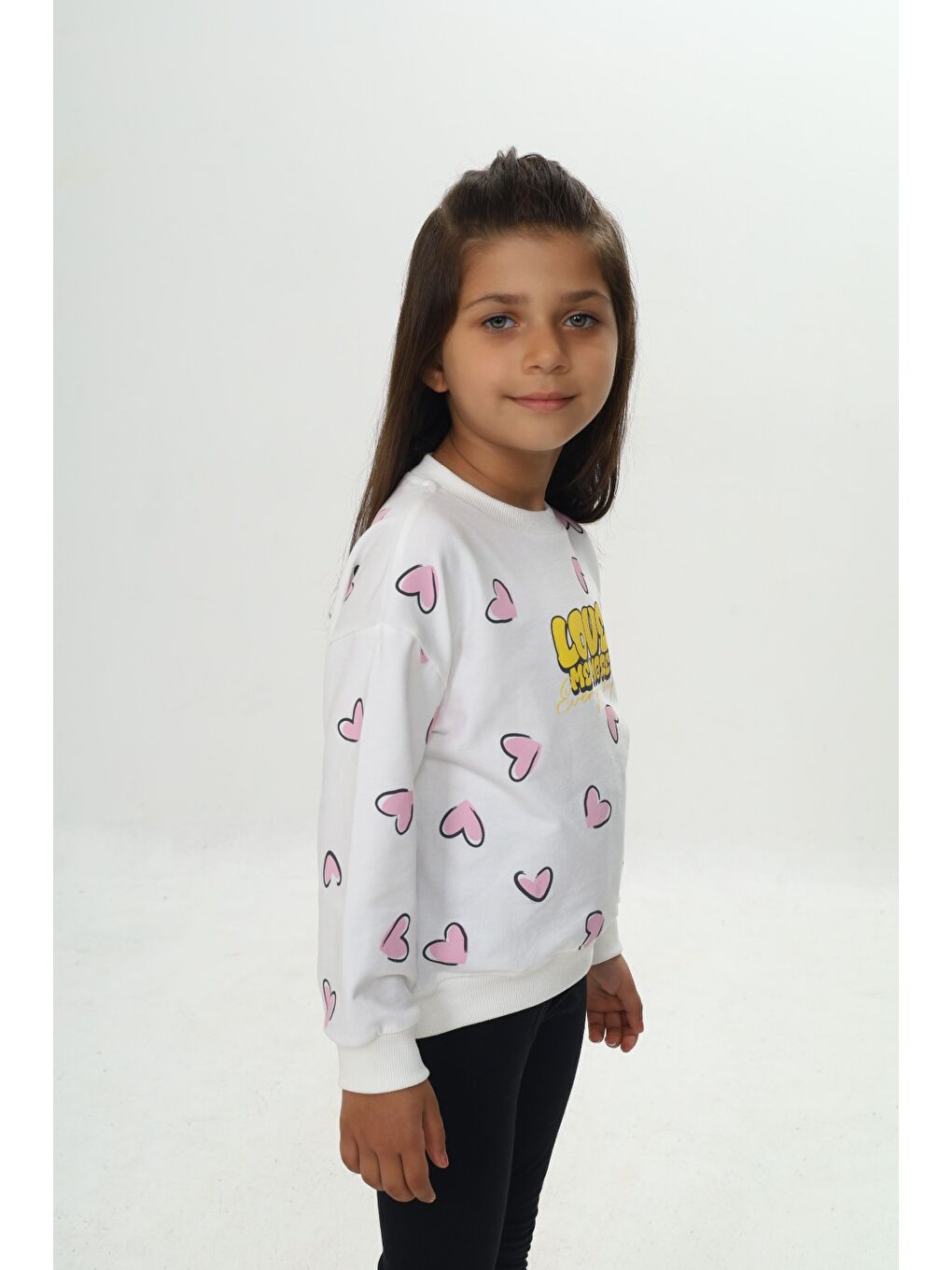Ekru Kız Çocuk Love Kalp Baskılı Sweatshirt-3