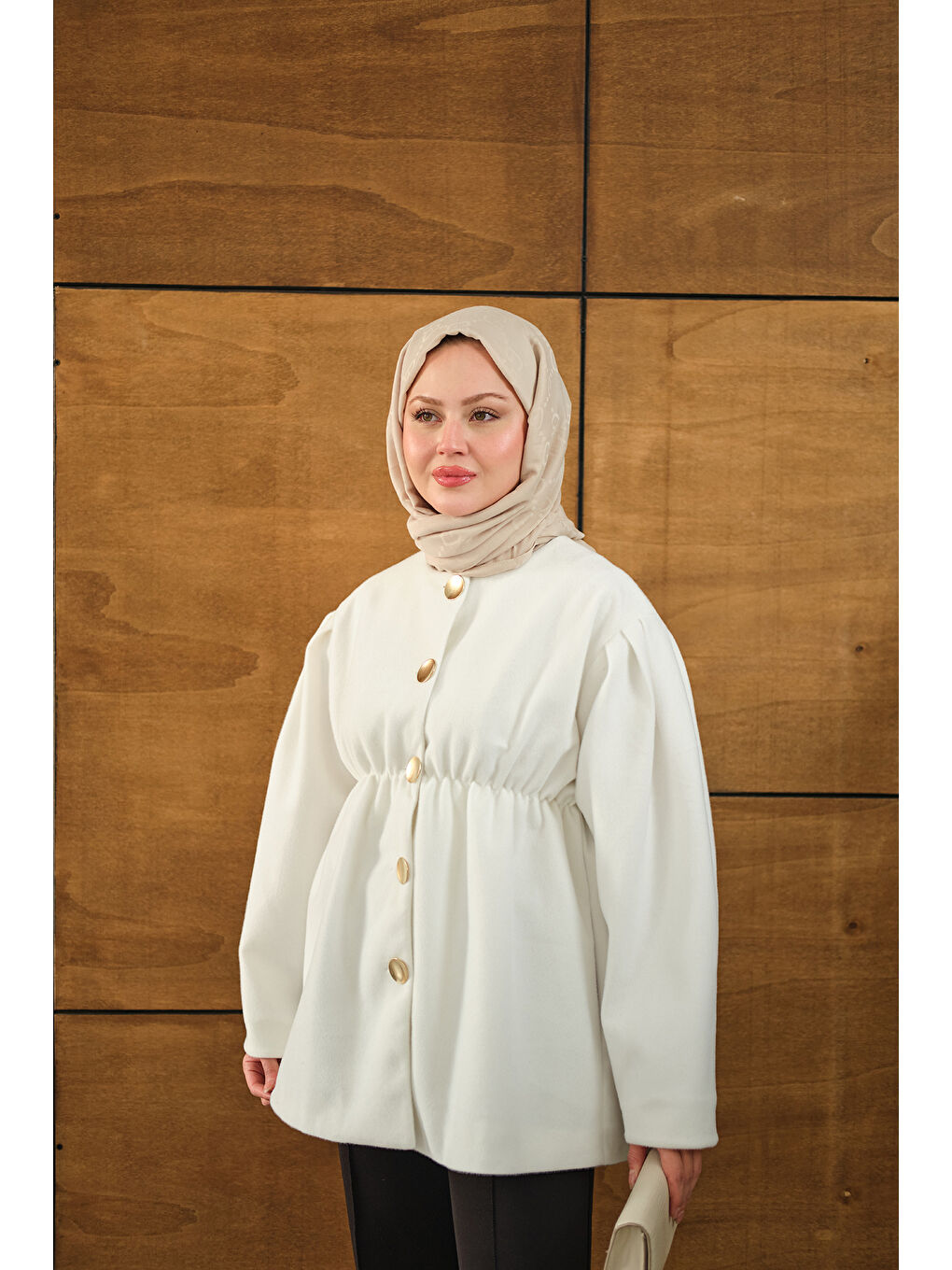 Kadın Beli Lastikli Angora Ceket Beyaz