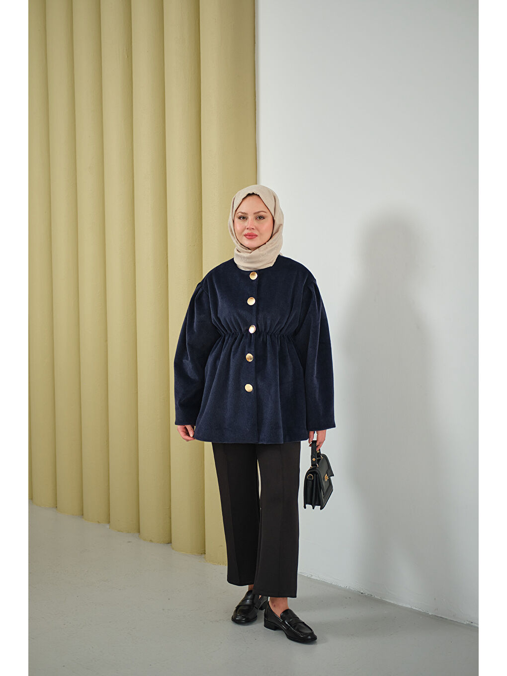 Kadın Beli Lastikli Angora Ceket Lacivert-3