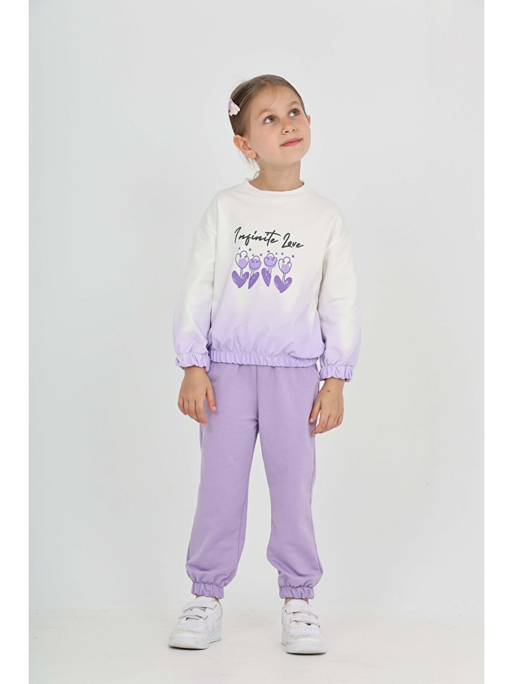 Lila Kız Çocuk Tram Geçişli Çiçek Baskılı Eşofman Takım-1