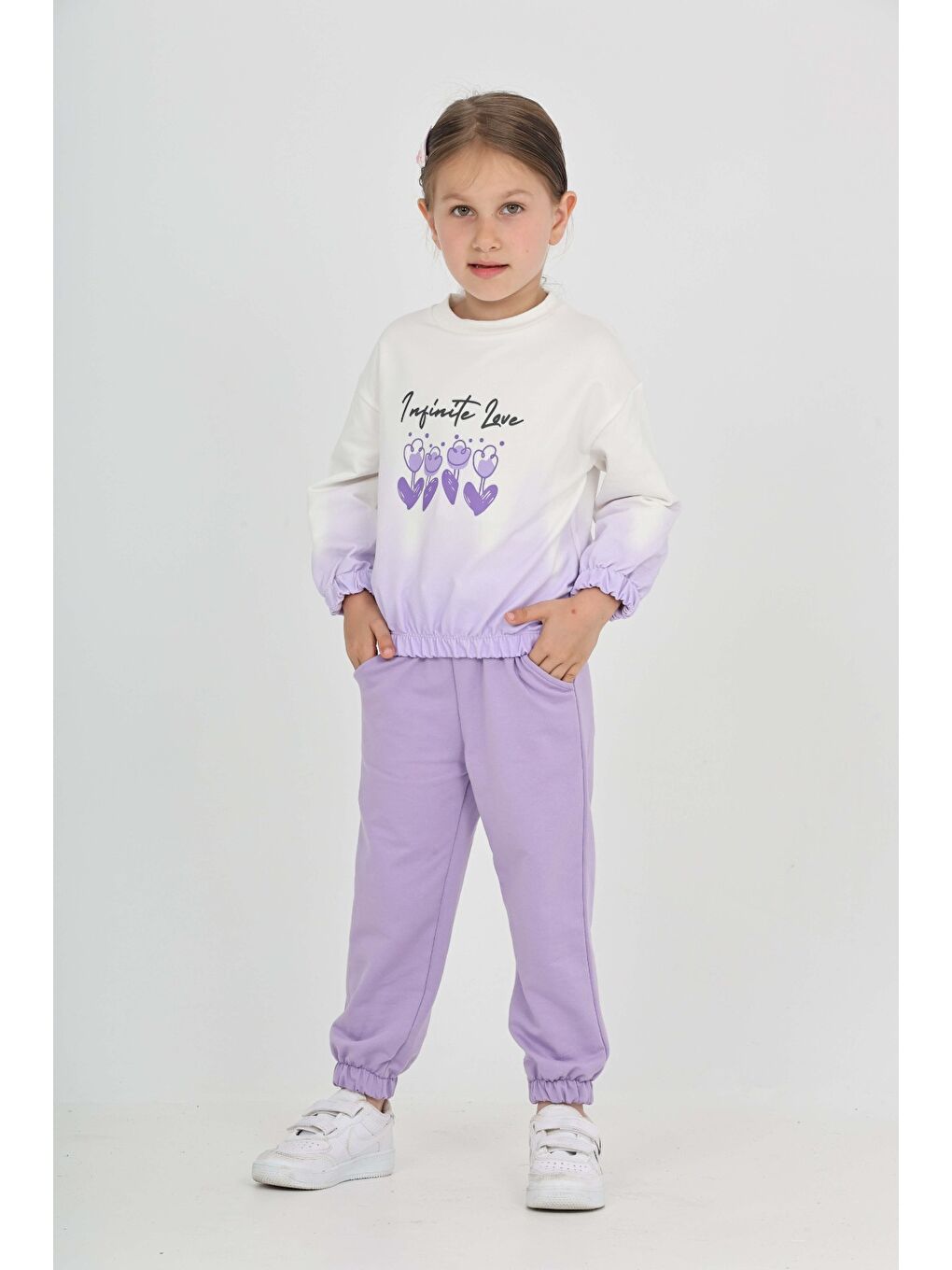 Lila Kız Çocuk Tram Geçişli Çiçek Baskılı Eşofman Takım-2