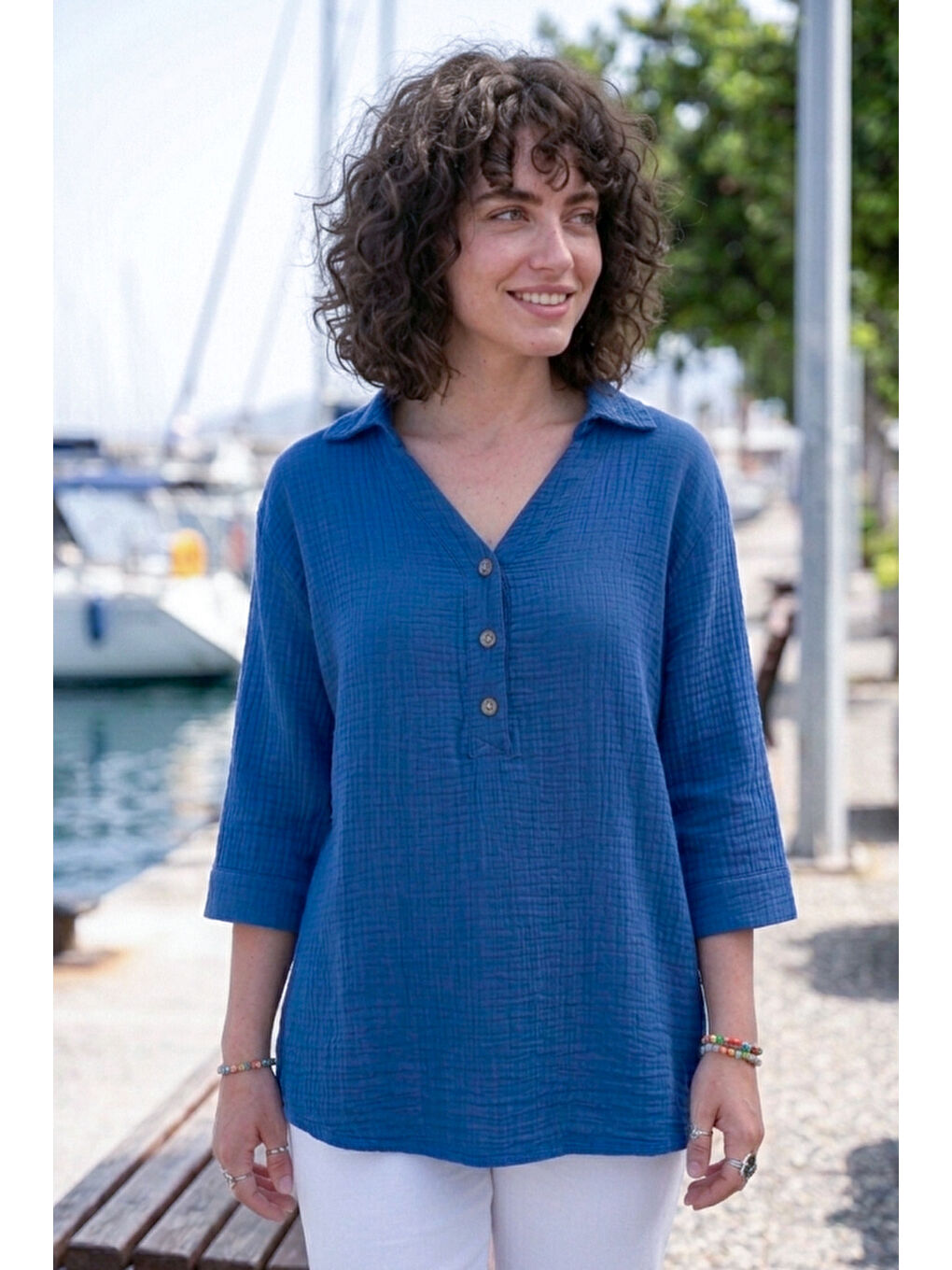 Mavi Gömlek Yaka Düğmeli 3/4 Kol Yanları Düğmeli Casual Müslin Dokuma Bluz 67 67-1